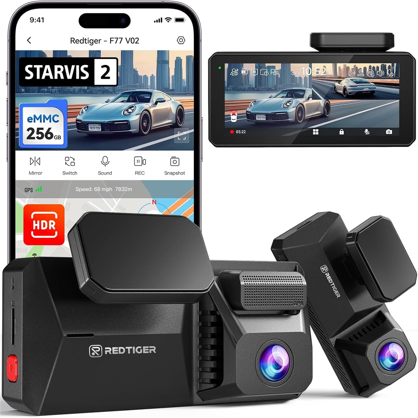 F77 4K+4K Dash Cam Front and Rear, Dual STARVIS 2 IMX678 HDR, Built-In 128GB Emmc, Voice Control Dash Camera for Cars with 5.8Ghz Wifi, 4'' Touch Screen, GPS, Night Vision, 24H Parking Mode
