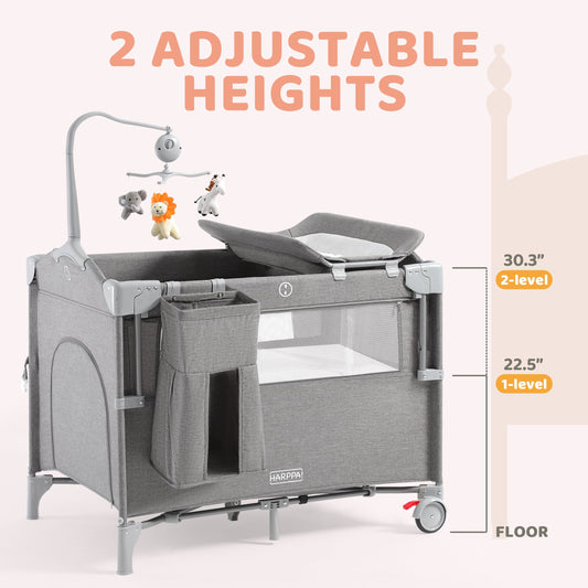 5 in 1 Portable Playard and Bassinet Bedside Sleeper for Newborn to Toddler, Unisex, Gray