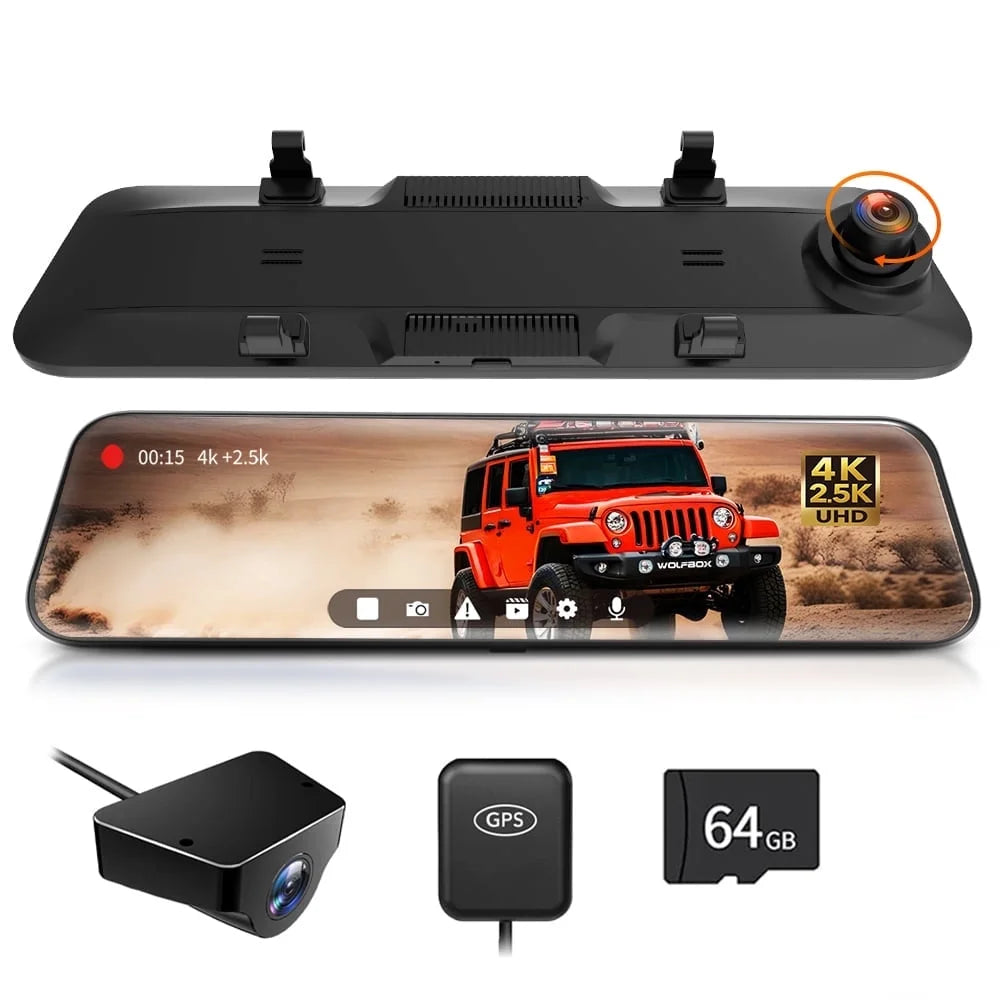 12" Rear View Mirror Dash Cam, 4K Mirror Dash Cam Front and 2.5K Rear Camera, Rearview Dash Camera for Car with WDR, Night Vision, Free 64GB Card & GPS