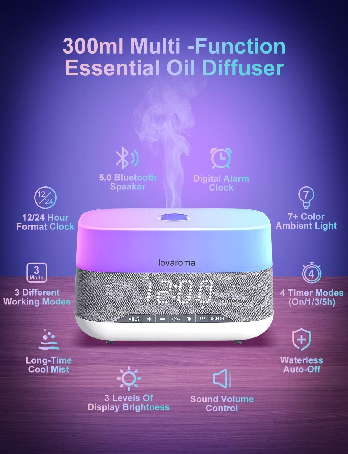 Versatile Essential Oil Diffuser, 300Ml Aroma Diffuser with Bluetooth Speaker and Alarm Clock, 7 Colors LED Light Aromatherapy Diffusers & Cool Mist Humidifier 3-Level Brightness, Auto-Off Protection