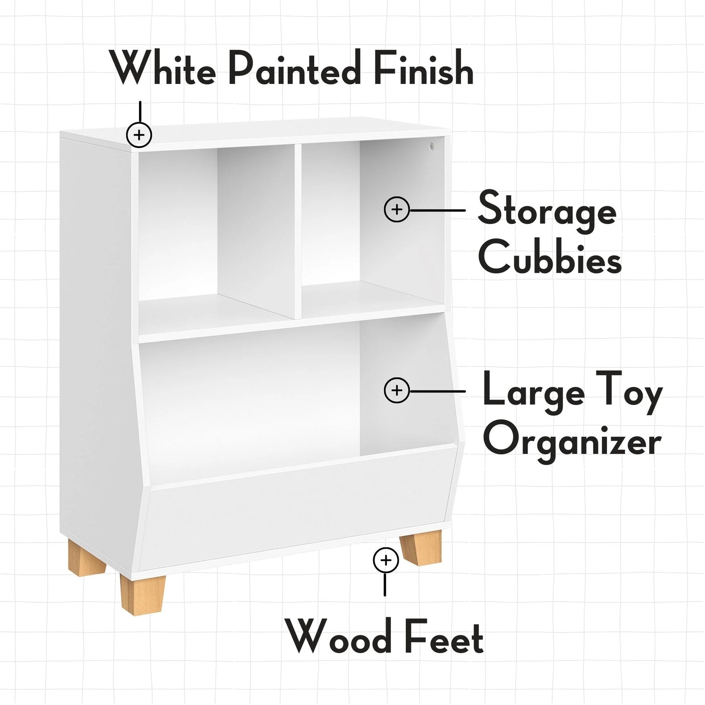 Kids Catch-All 24In Cubby Bookshelf and Toy Storage Organizer with 2 Gray Bins