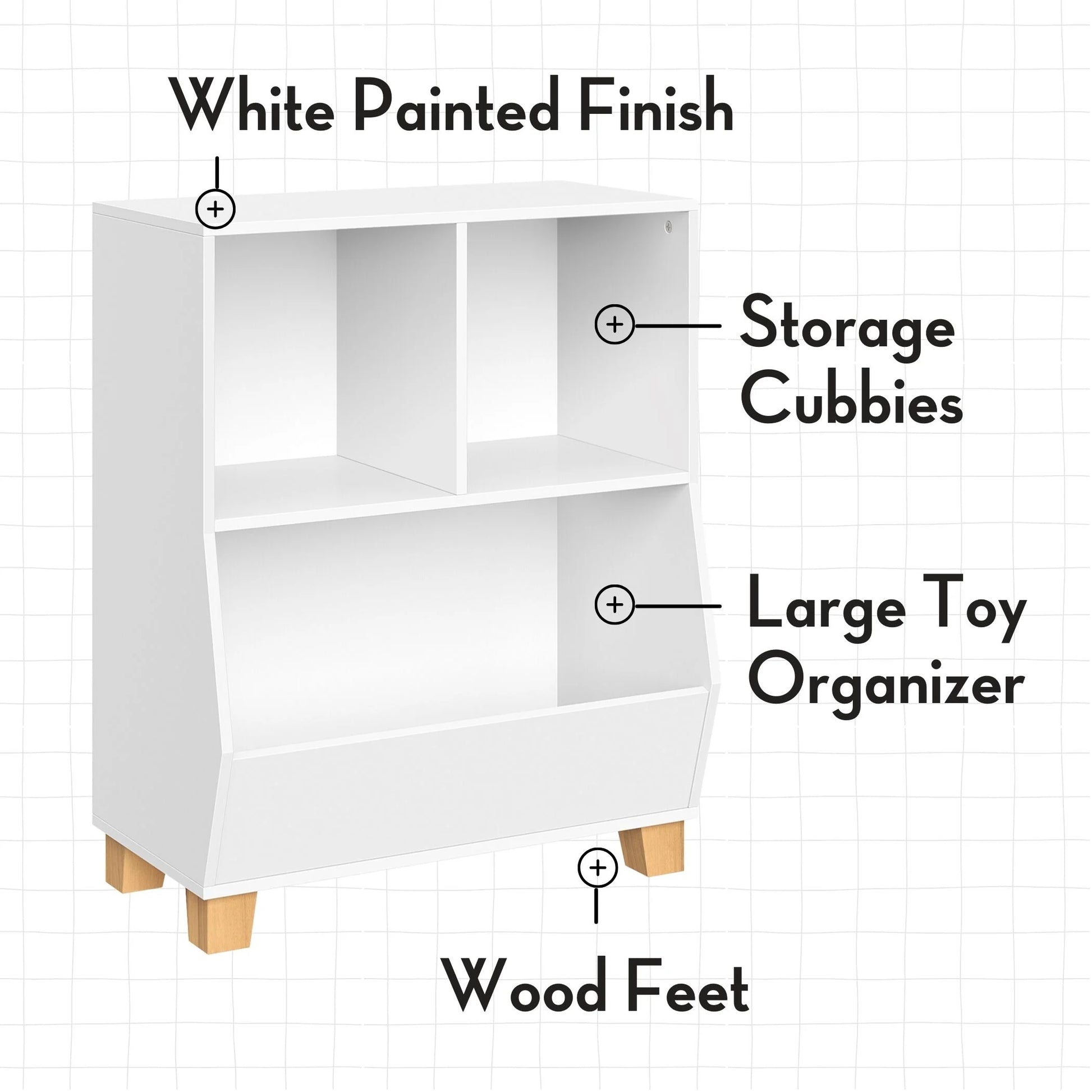 Kids Catch-All 24In Cubby Bookshelf and Toy Storage Organizer with 2 Gray Bins
