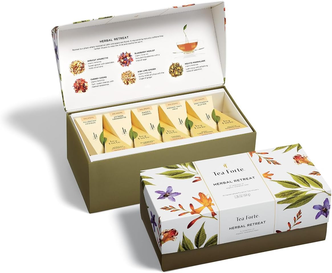 Wellbeing Assorted Presentation Box Tea Gift Set, 20 Count, 2 of Each Variety Individually Wrapped Handcrafted Pyramid Infuser Bags