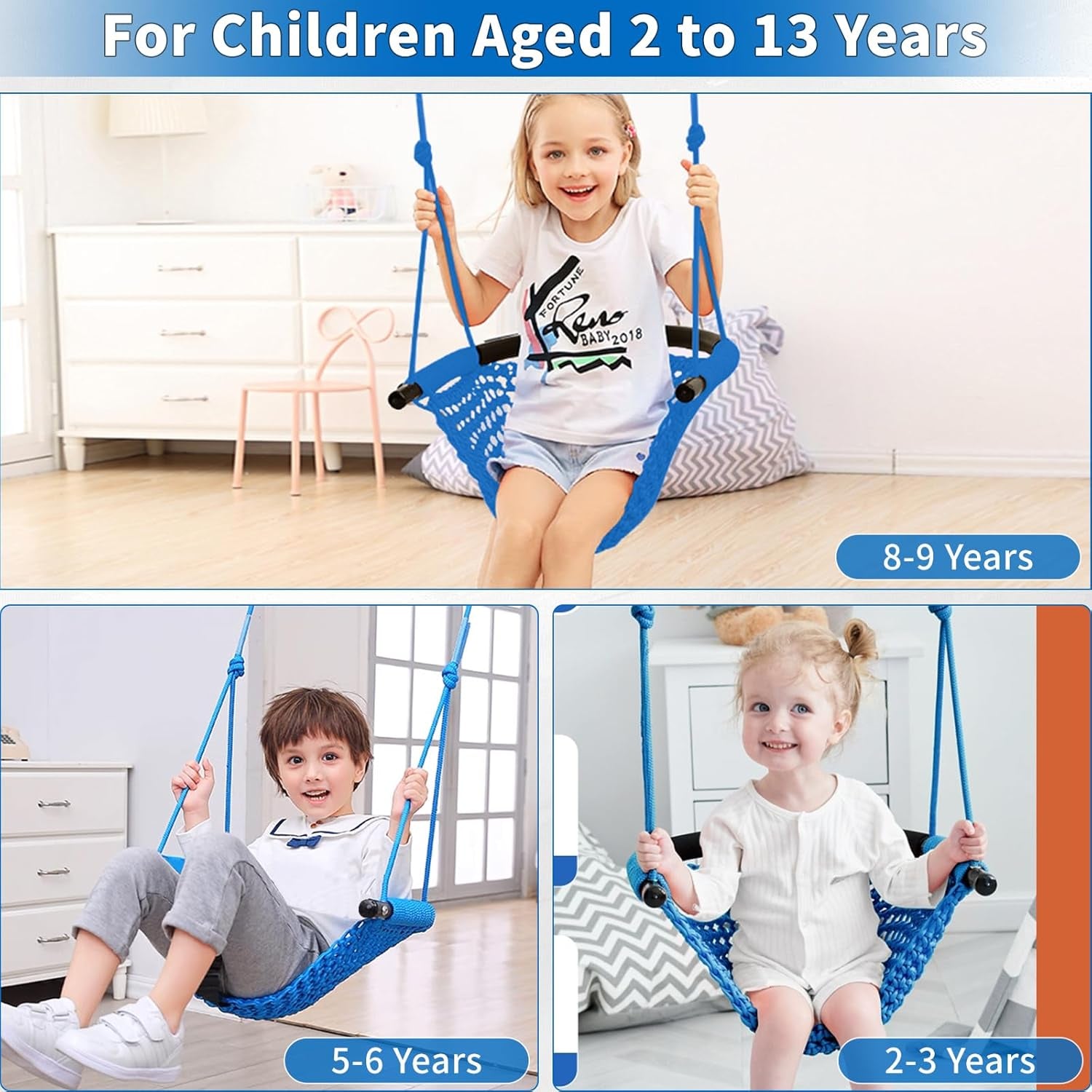 Kids Swing for Swing Set, Heavy Duty Rope Swings with Snap Hooks and Straps, 440LBS Capacity, Toddler Swing Seat for Indoor Porch, Outdoor Playground, Tree, Blue