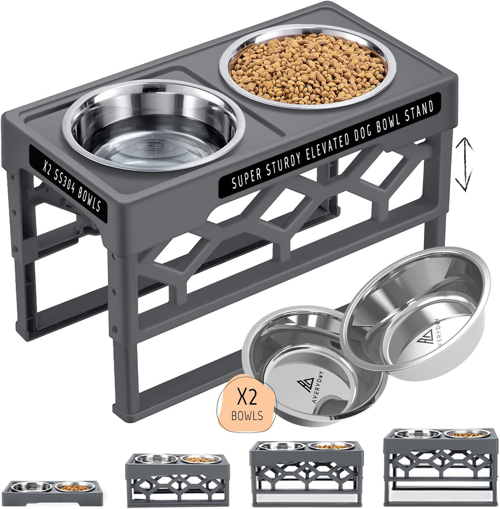Large Dog Bowls Elevated, 4 Height Adjustable Raised Dog Bowl Stand with 2 Stainless Steel Food and Water Bowls Set, Tall Dogs Feeding Station with Anti-Slip Base for Medium Large Breeds Dogs