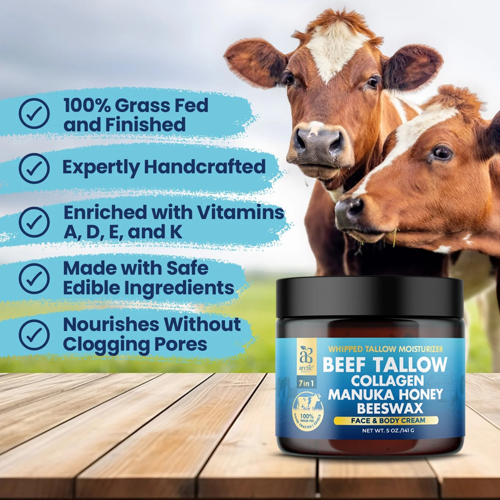 Beef Tallow, Organic Grass-Fed Beef Tallow Balm with Manuka Honey, Aloe Vera, Jojoba Oil, Olive Oil, Beeswax & Collagen, Natural Moisturizer for Face, Body & Lips, Hydrates Dry, Cracked Skin, 5Oz