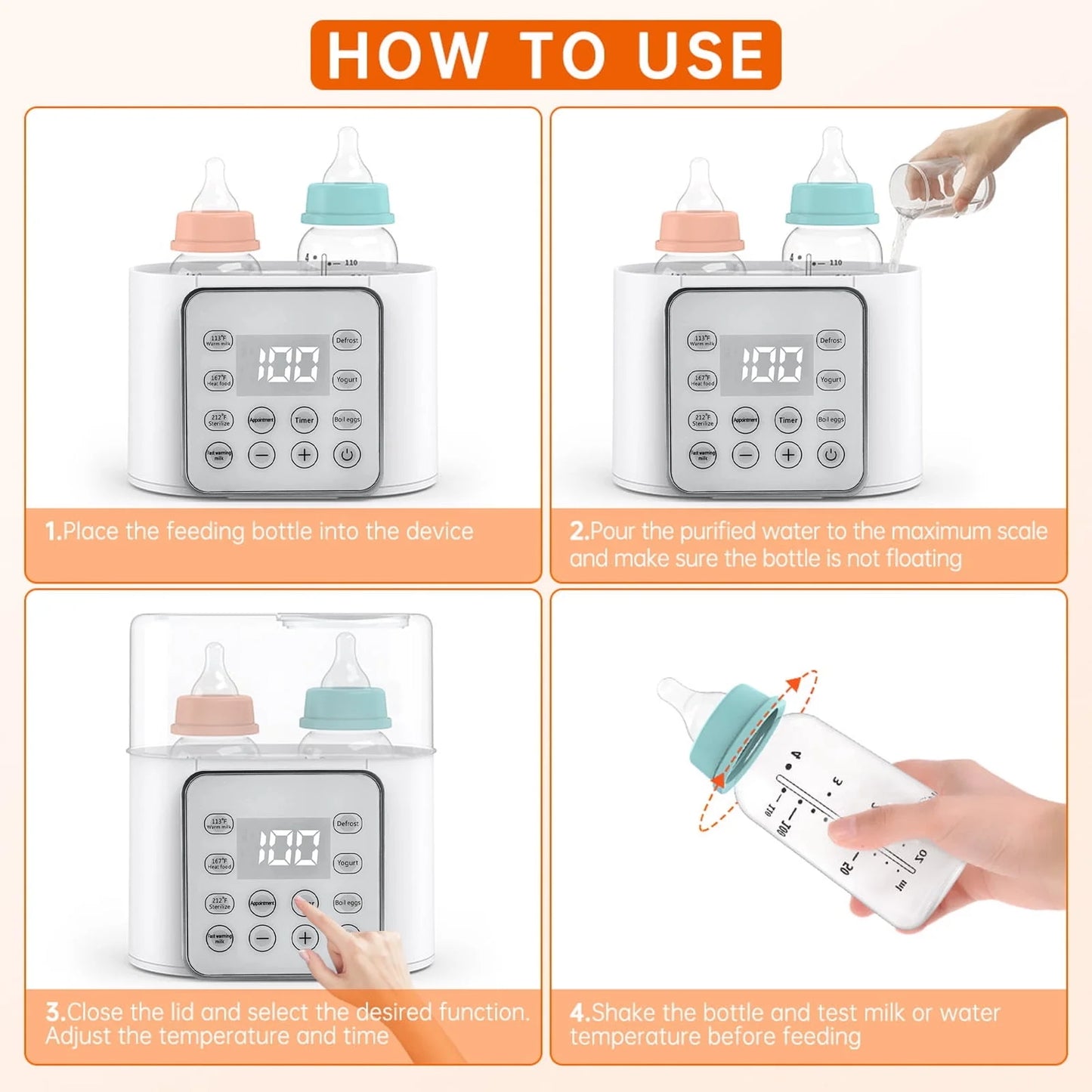 Baby , 9-In-1 Portable  with LCD Display, Double Bottles Fast Milk Warmer, White
