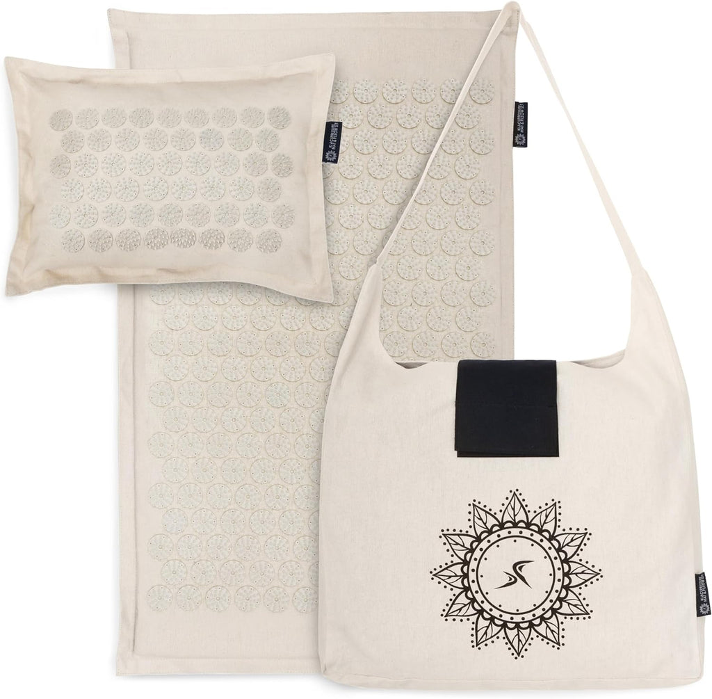 Ki Acupressure Mat and Pillow Set with 100% Natural Linen for Back/Neck Pain Relief and Muscle Relaxation, Sand Dunes