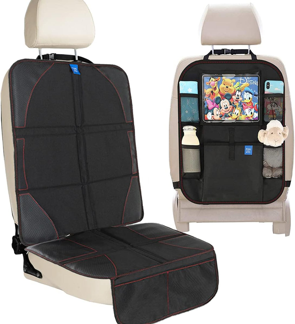 Car Seat Protector + Kick Mats Car Backseat Organizer Black,Suitable for All Cars,Xl Largest Car Seat Cover for Child Baby Carseat, Kick Mat Back Seat W/Storage Pockets