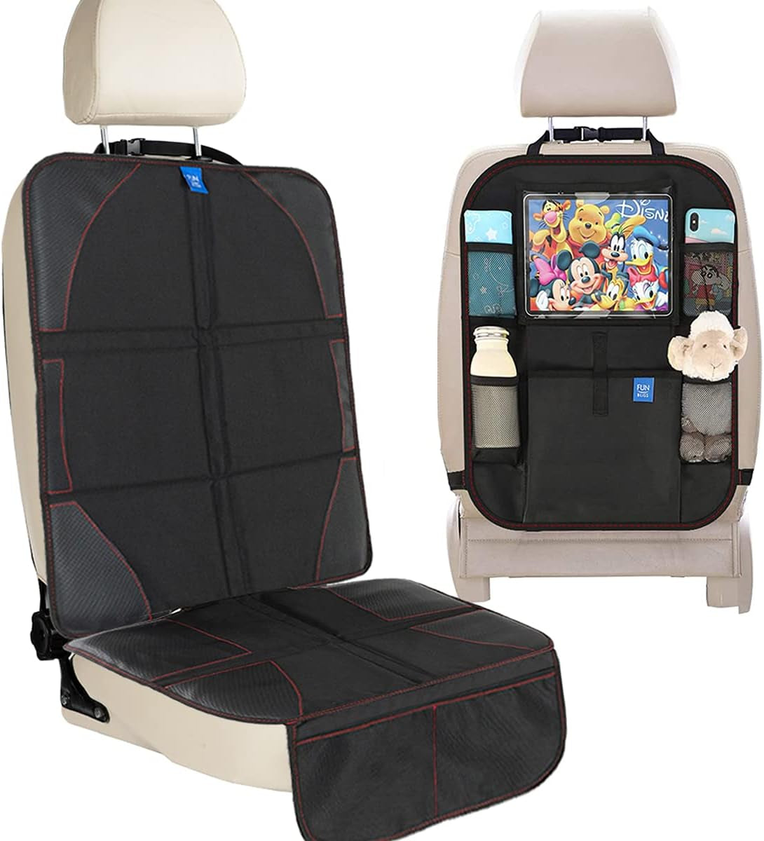 Car Seat Protector + Kick Mats Car Backseat Organizer Black,Suitable for All Cars,Xl Largest Car Seat Cover for Child Baby Carseat, Kick Mat Back Seat W/Storage Pockets