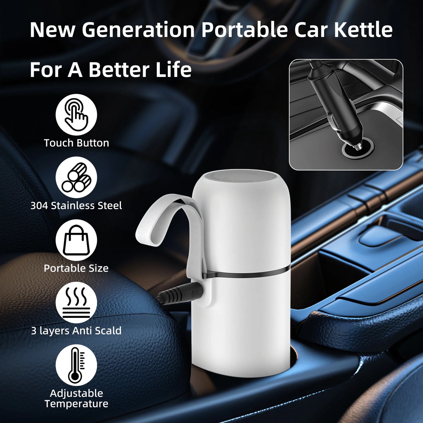 Car Kettle, 12V/24V Portable Travel Electric Kettle for Car Heated Travel Mug, Temperature Adjustable Mini Water Boiler for Tea Coffee Milk, 420ML