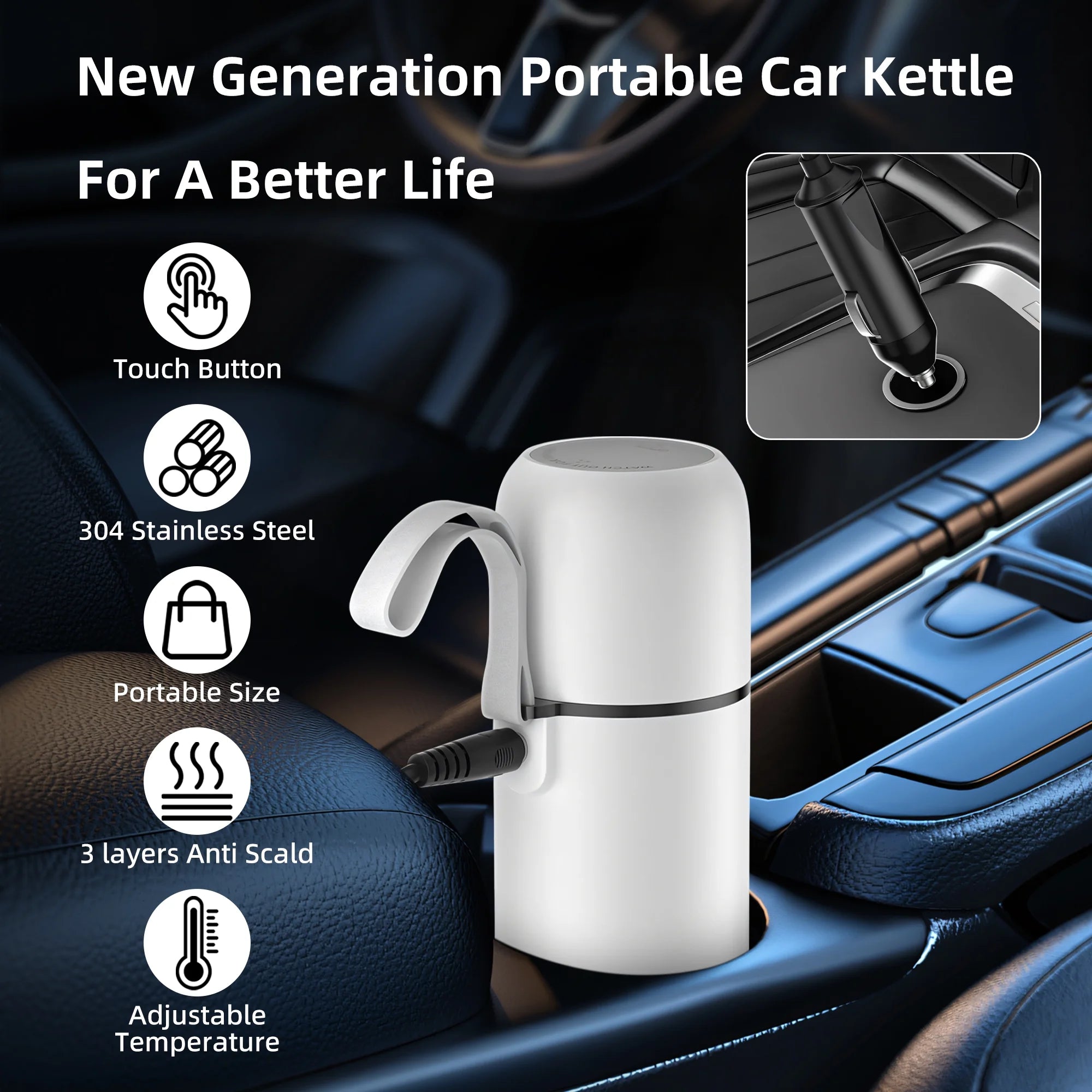Car Kettle, 12V/24V Portable Travel Electric Kettle for Car Heated Travel Mug, Temperature Adjustable Mini Water Boiler for Tea Coffee Milk, 420ML