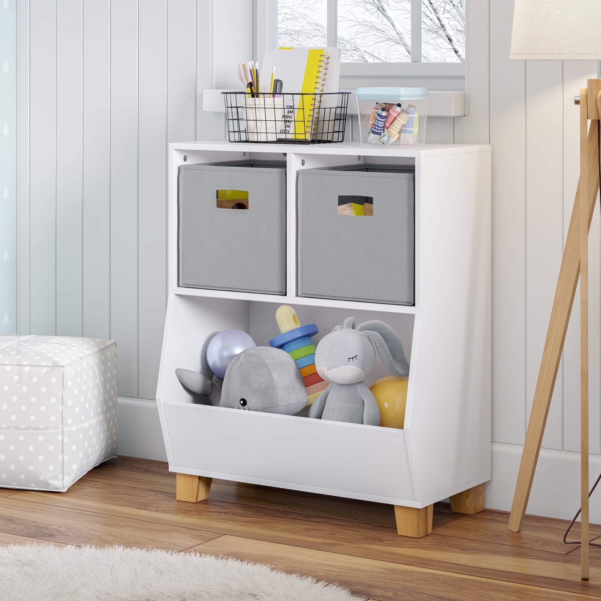 Kids Catch-All 24In Cubby Bookshelf and Toy Storage Organizer with 2 Gray Bins