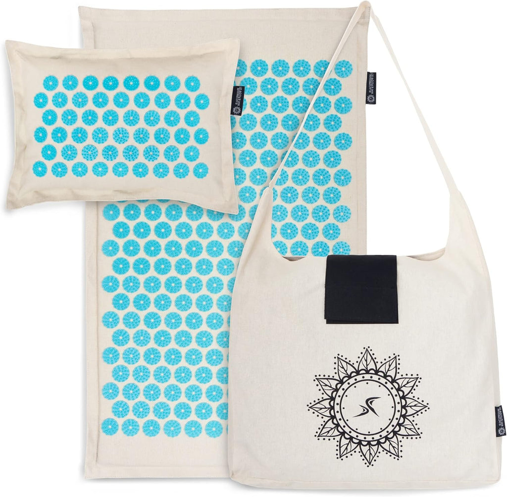 Ki Acupressure Mat and Pillow Set with 100% Natural Linen for Back/Neck Pain Relief and Muscle Relaxation, Sand Dunes