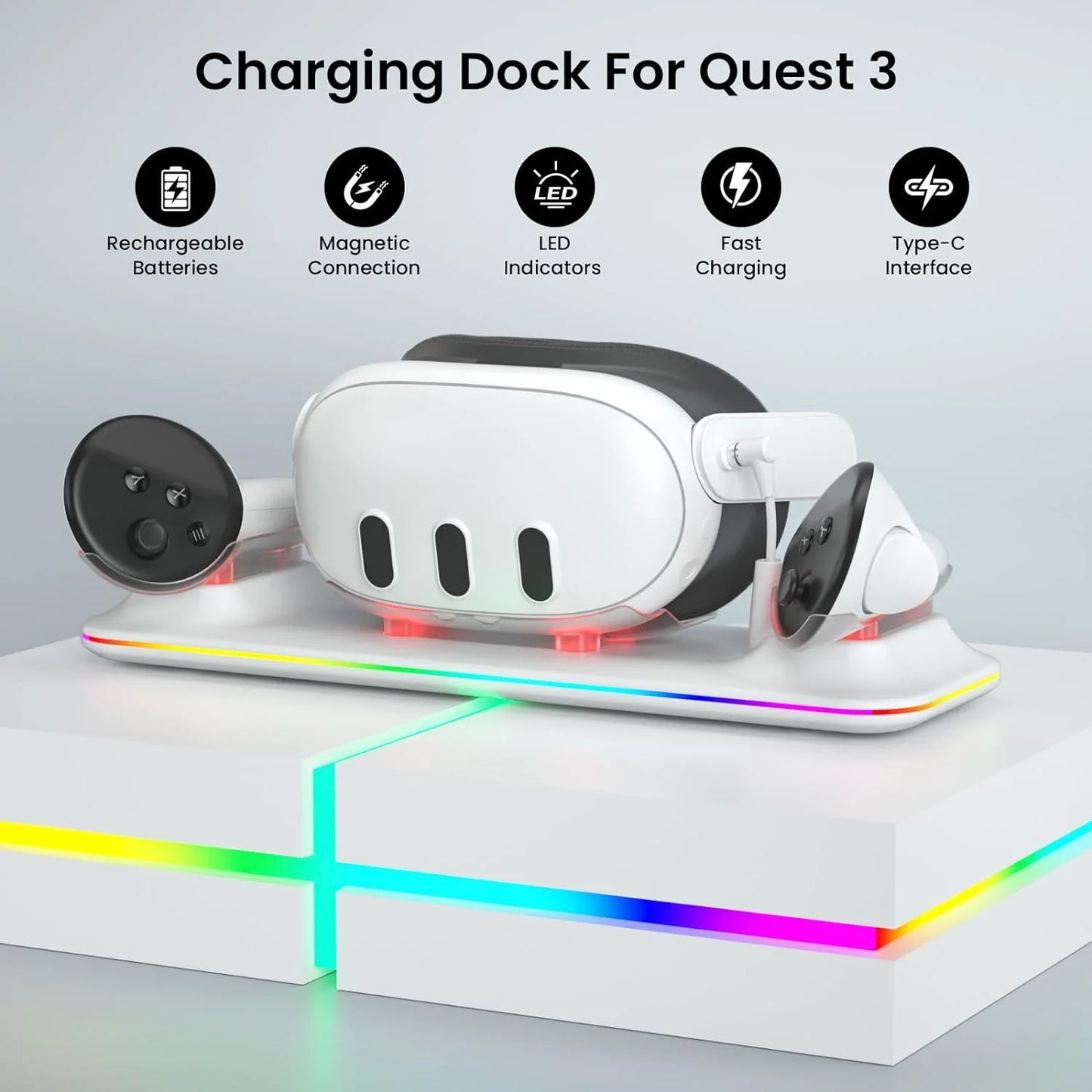 VR Charging Dock for Meta Quest 3, Fast Charging Station with Colorful RGB Light for Oculus Quest 3, Magnetic Charging Stand for VR Headset and Touch Controllers with 2 Rechargeable Batteries, White