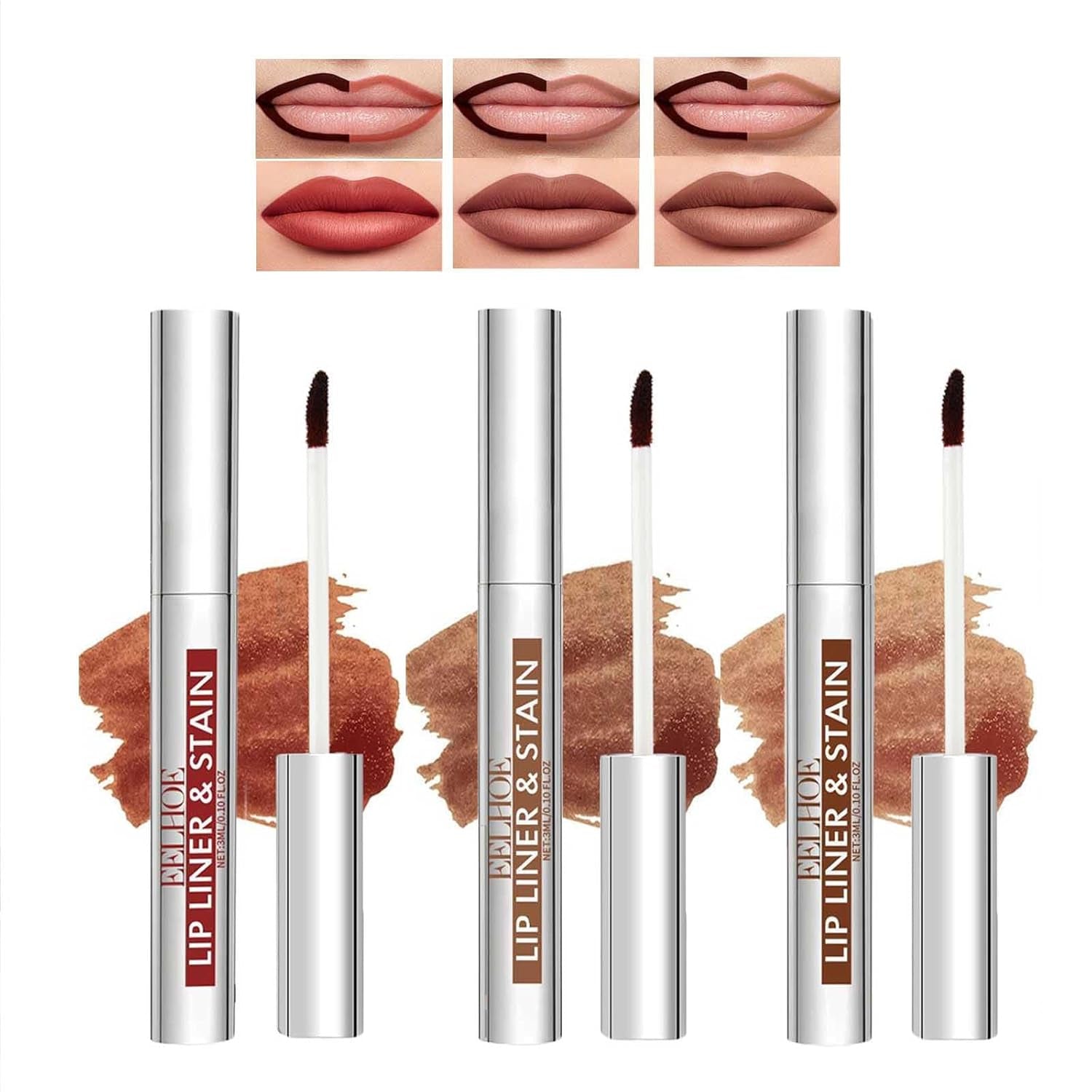 3 Pcs Peel off Lip Liner Stain, Long Lasting Plumper Peel off Lip Stain Liner, Highly Pigmented Waterproof, Transfer-Proof Lip Tint Stain, Matte Finish (3 Colors, A)