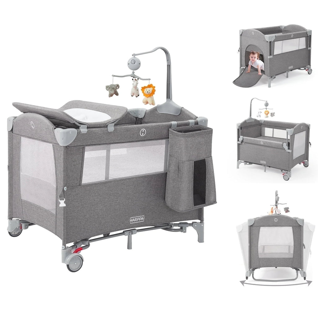 5 in 1 Portable Playard and Bassinet Bedside Sleeper for Newborn to Toddler, Unisex, Gray