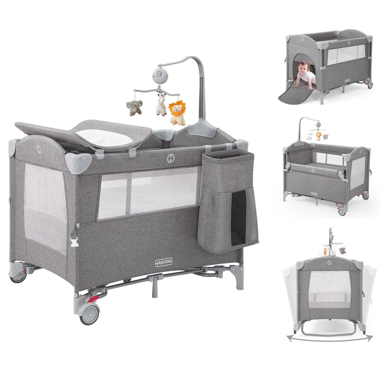 5 in 1 Portable Playard and Bassinet Bedside Sleeper for Newborn to Toddler, Unisex, Gray