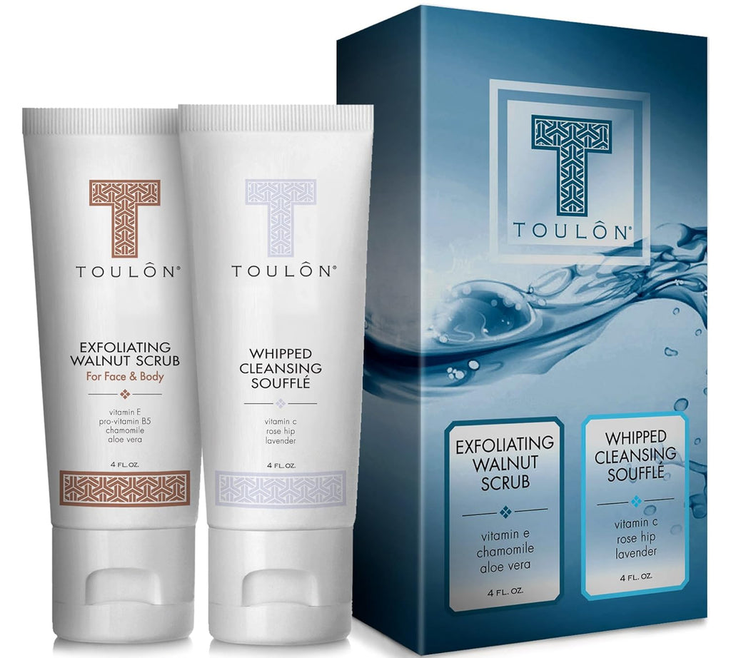 Exfoliating Scrub Set - Body Scrub Set - Skin Care Gift Set for Women & Men - Natural Spa Bath and Shower Kit with Exfoliating Walnut Body & Face Scrub & anti Aging Face Cleanser for Gentle Face Wash