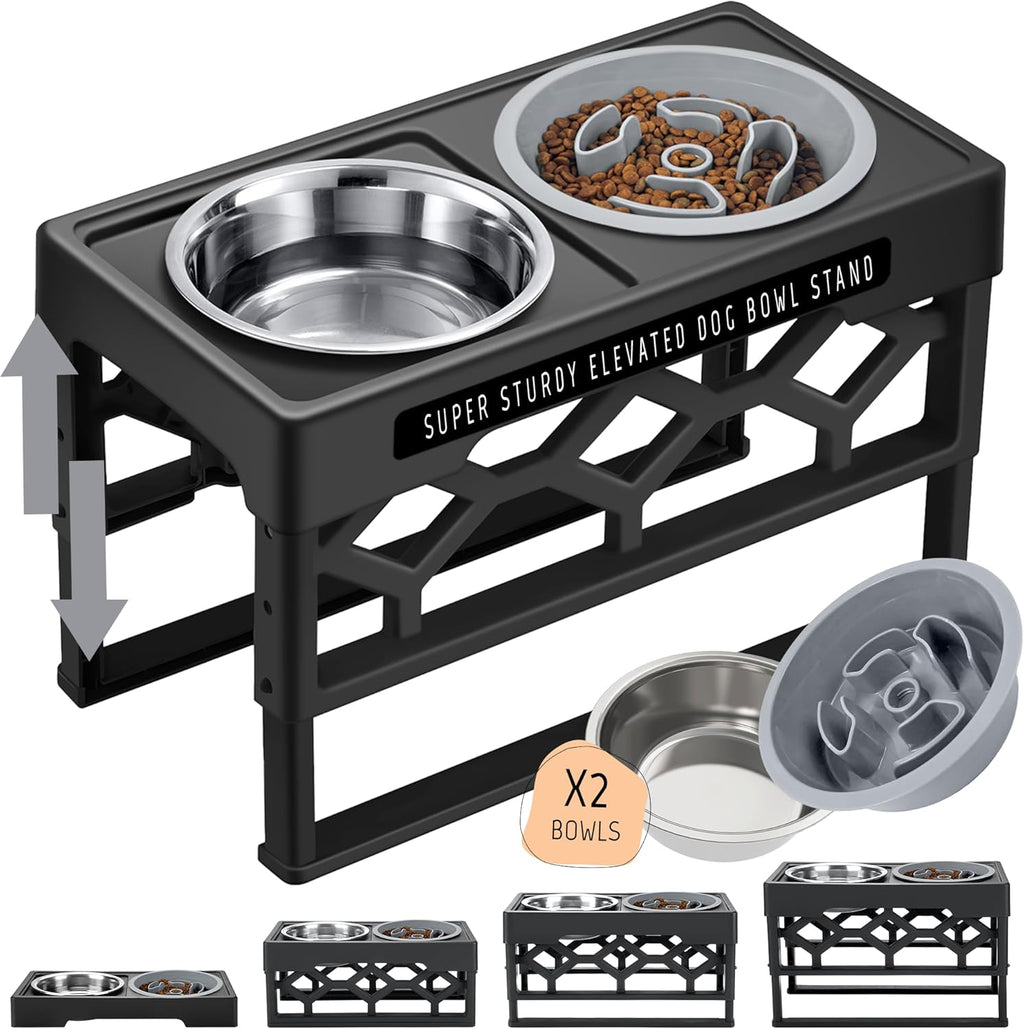 Large Dog Bowls Elevated, 4 Height Adjustable Raised Dog Bowl Stand with 2 Stainless Steel Food and Water Bowls Set, Tall Dogs Feeding Station with Anti-Slip Base for Medium Large Breeds Dogs