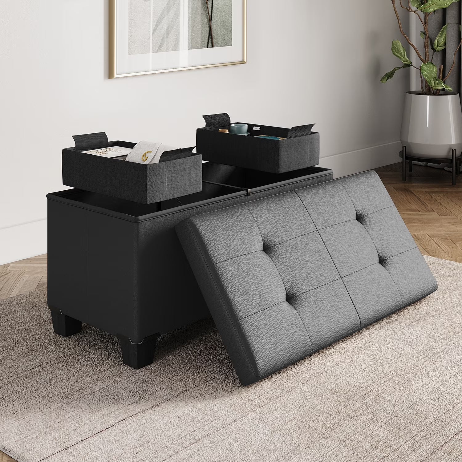 Ottoman Storage Bench, Faux Leather 30" Storage Ottoman Bench, Gray