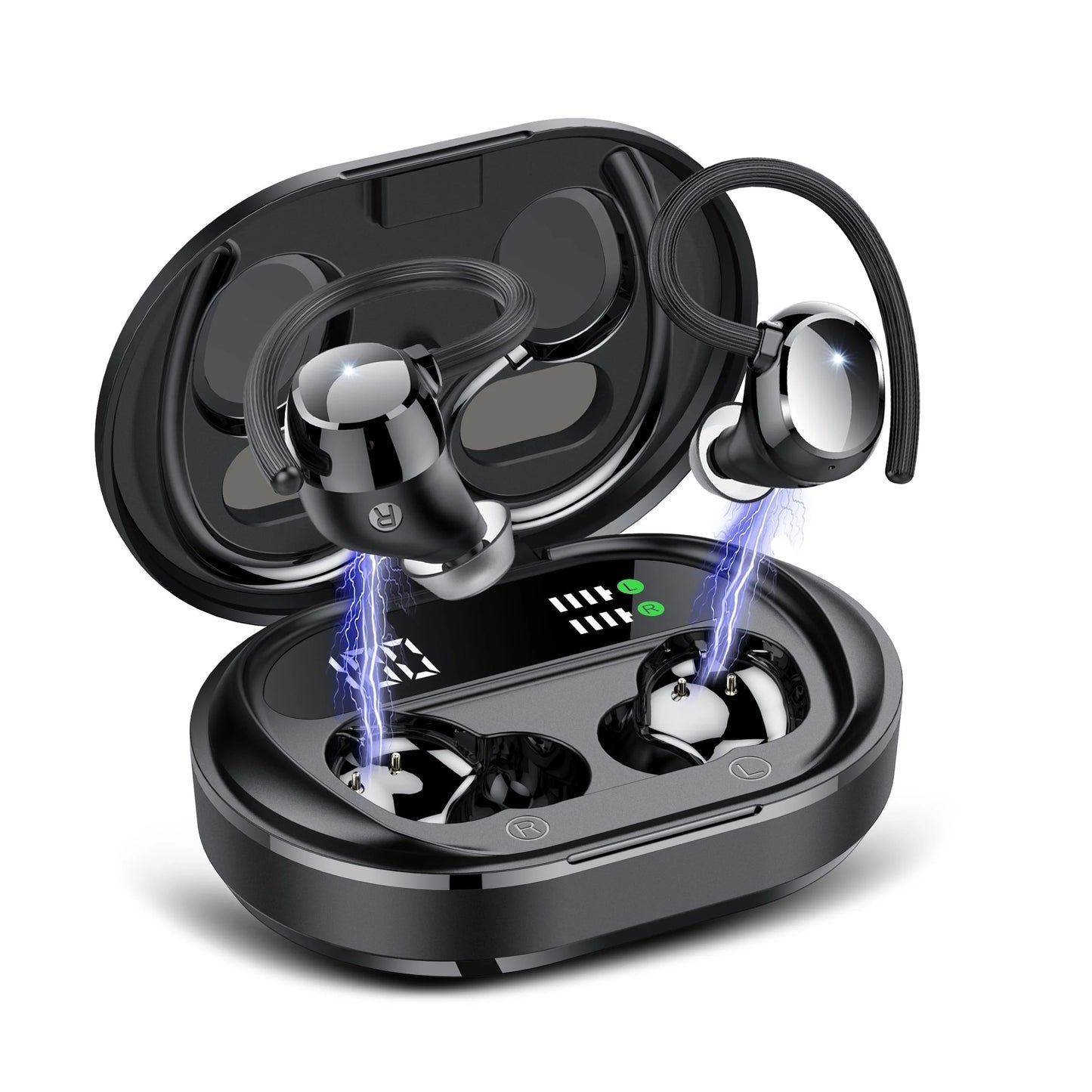 Ultralight Bluetooth Headphones Wireless Earbuds 125Hrs Sport Earphones with LED Display, Noise Cancelling Headphones with Earhooks Built-In Mic, IPX7 Waterproof Headset for Workout, Black