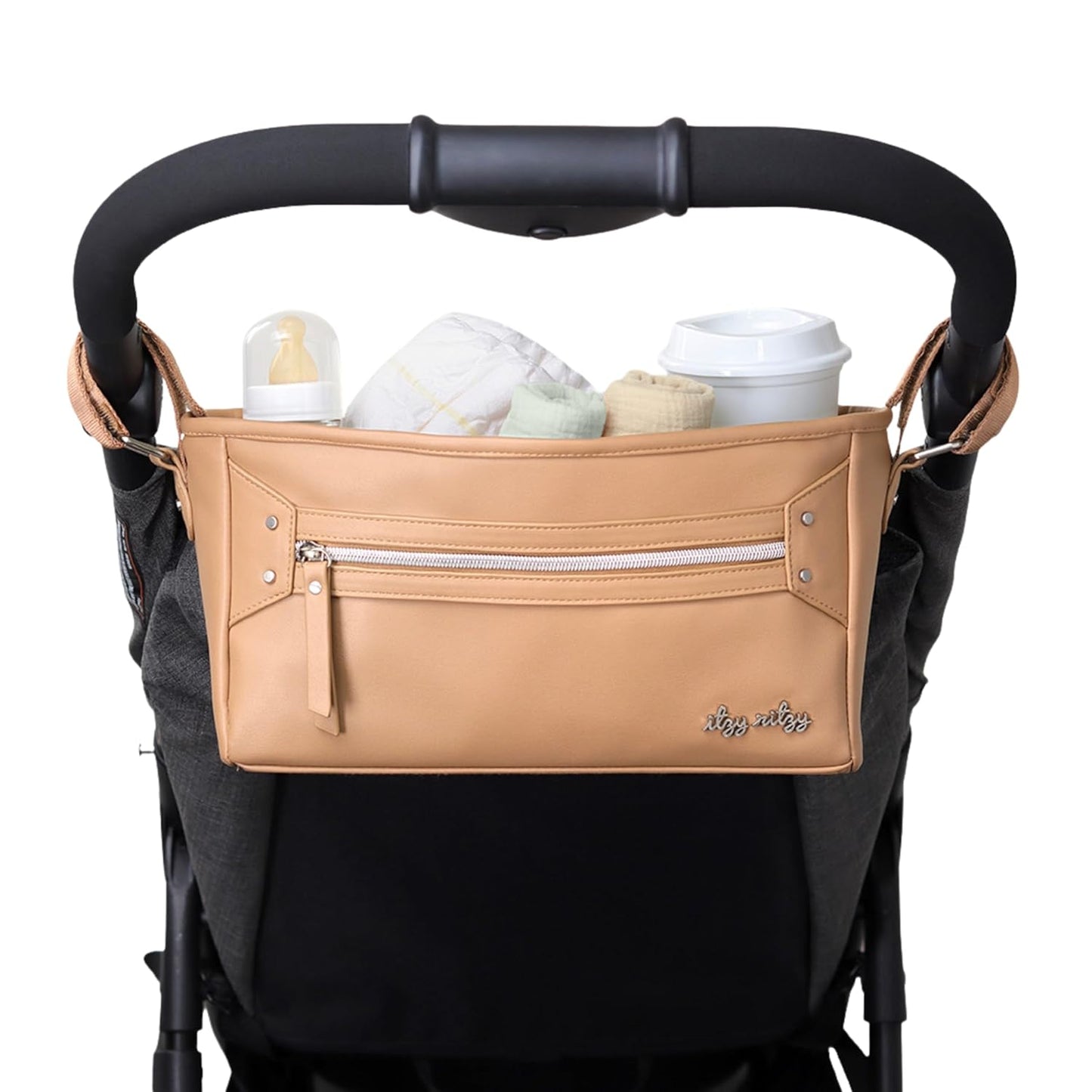 Adjustable Stroller Caddy / Organizer - Stroller Organizer Bag Featuring Front Zippered Pocket, 2 Built-In Interior Pockets & Straps to Fit Nearly Any Model (Black with Gold Hardware)