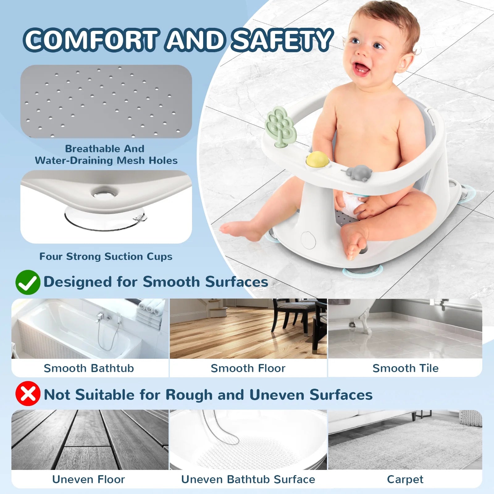 Baby Bath Seat for 6 Months and up - Non-Slip, Comfortable Bath Seat with Rinse Cup,Baby Bathing Essentials Grey