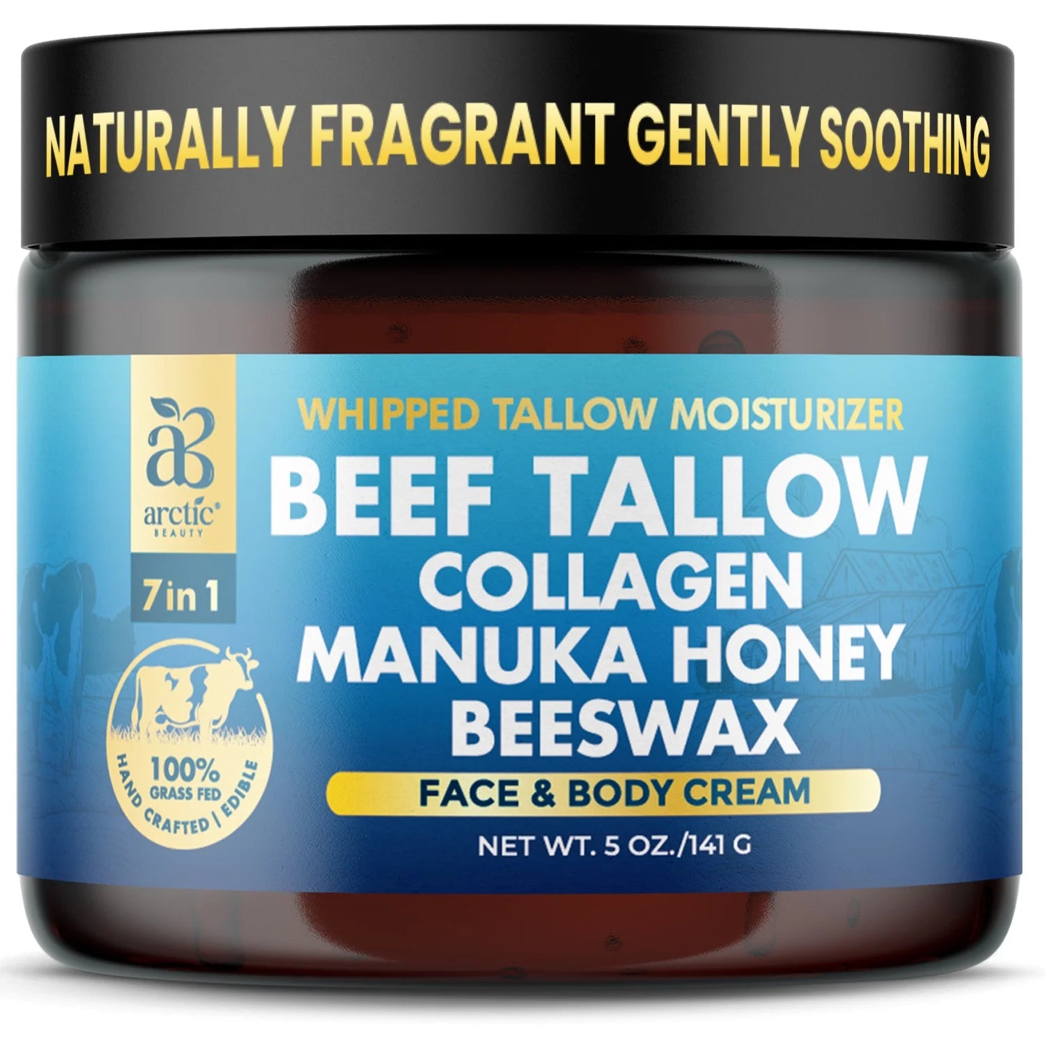 Beef Tallow, Organic Grass-Fed Beef Tallow Balm with Manuka Honey, Aloe Vera, Jojoba Oil, Olive Oil, Beeswax & Collagen, Natural Moisturizer for Face, Body & Lips, Hydrates Dry, Cracked Skin, 5Oz