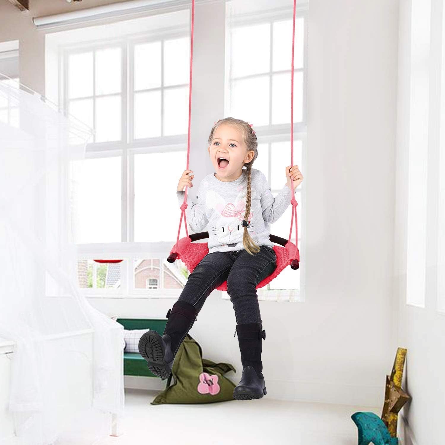 Swing Seat for Kids Heavy Duty Rope Play Secure Children Swing Set,Perfect for Indoor,Outdoor,Playground,Home,Tree,With Snap Hooks and Swing Straps,440 Lbs Capacity,Pink