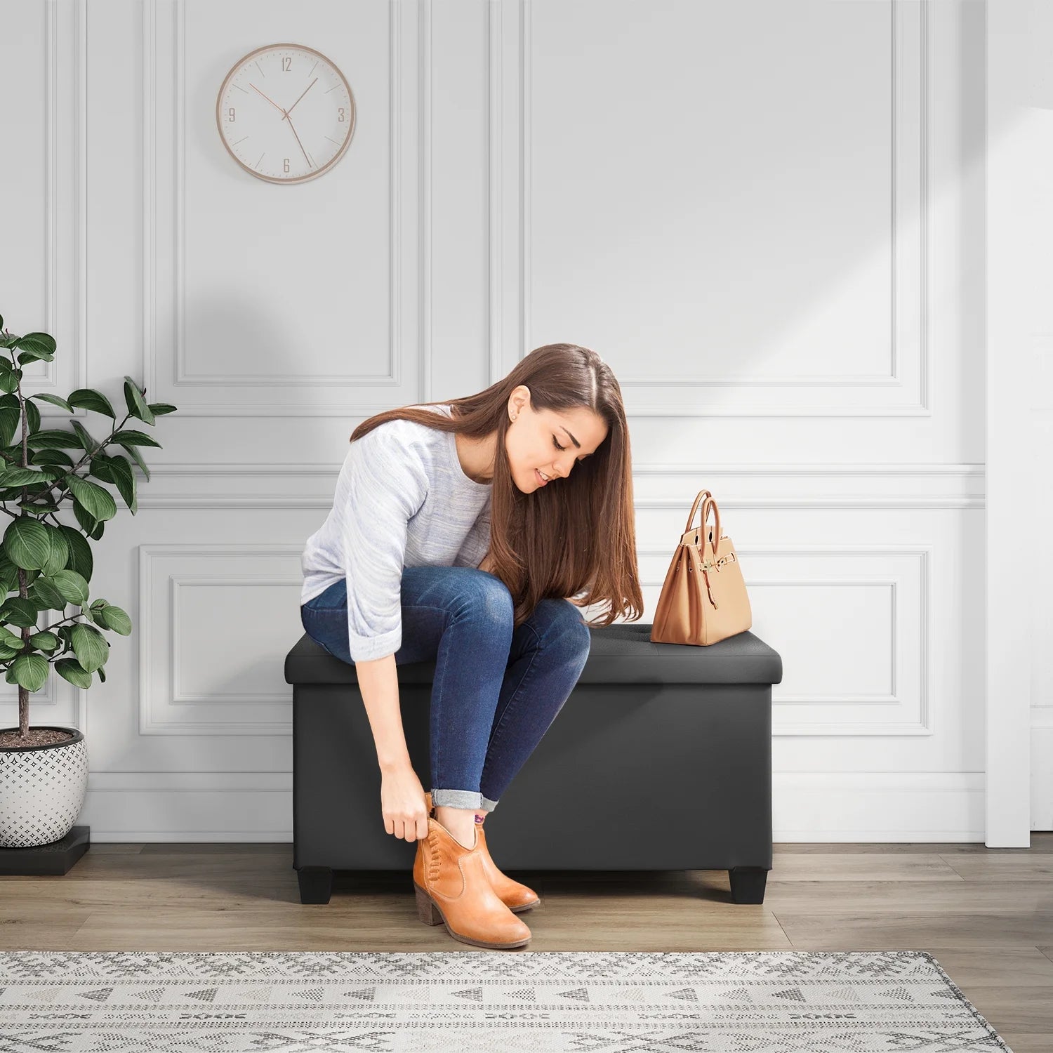 Ottoman Storage Bench, Faux Leather 30" Storage Ottoman Bench, Gray