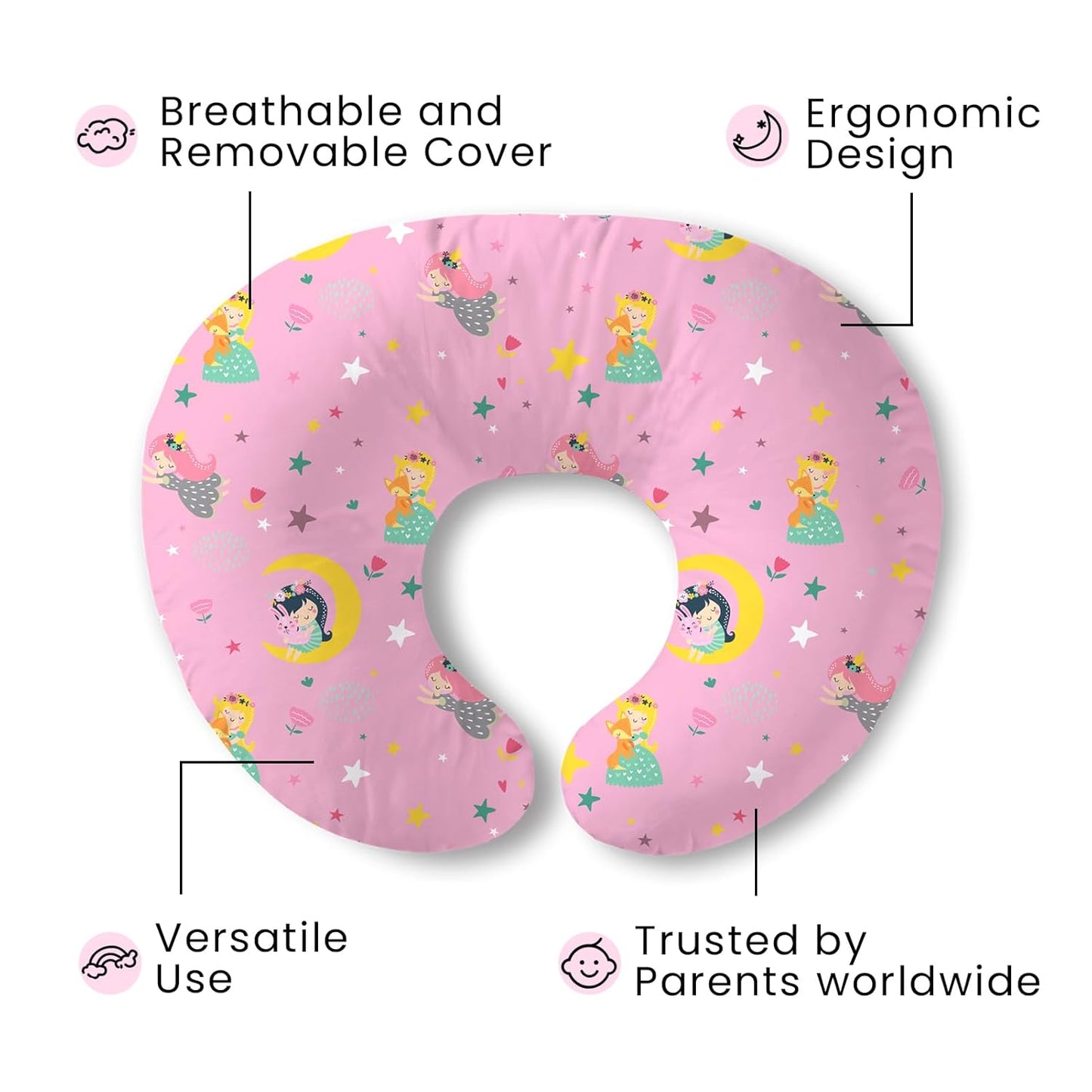 Nursing Pillow for Breastfeeding, Breathable Breast Feeding Pillow and Positioner with Removable Cover for More Support, Tummy Time and Bottle Feeding Support Pillow, Moon Fairy