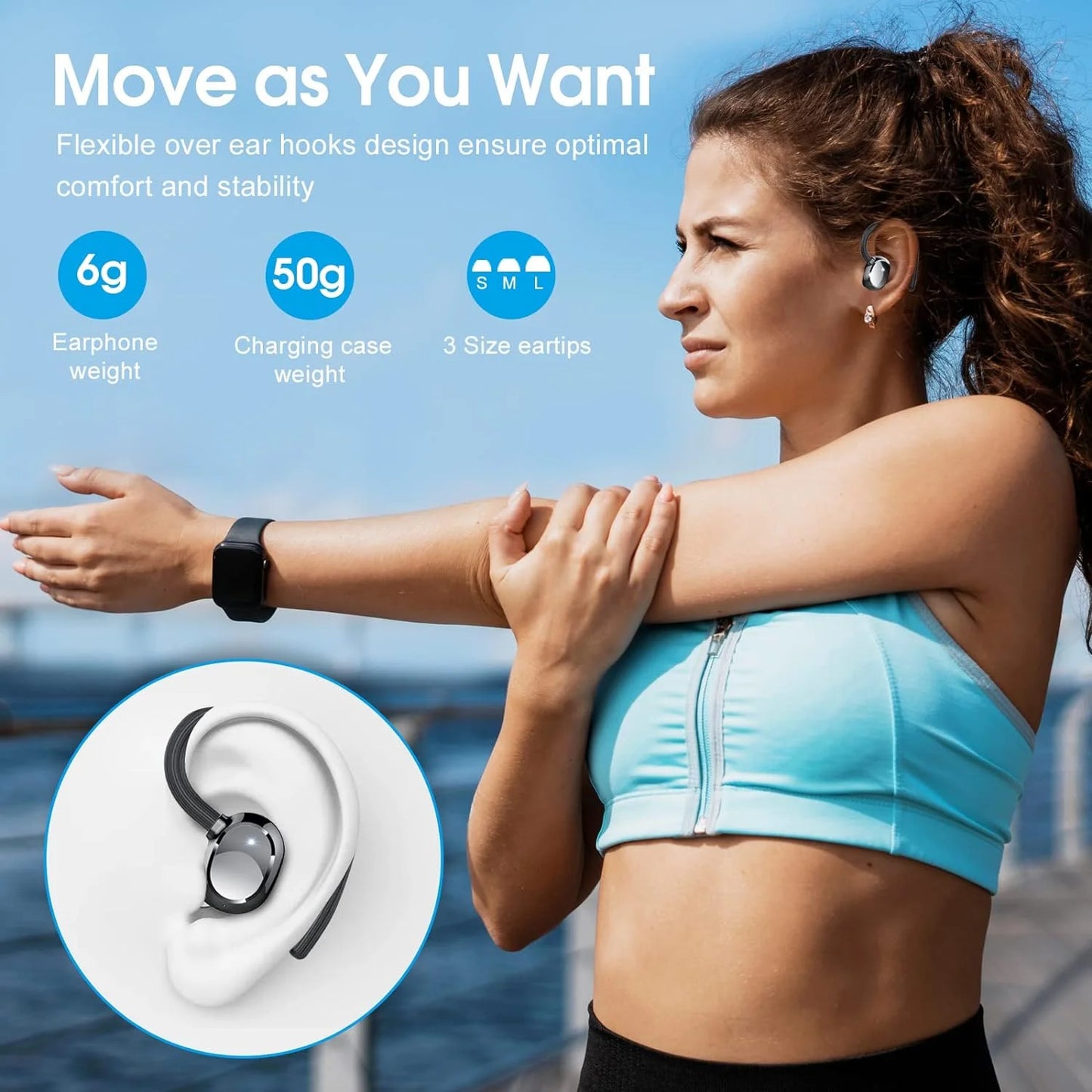 Ultralight Bluetooth Headphones Wireless Earbuds 125Hrs Sport Earphones with LED Display, Noise Cancelling Headphones with Earhooks Built-In Mic, IPX7 Waterproof Headset for Workout, Black