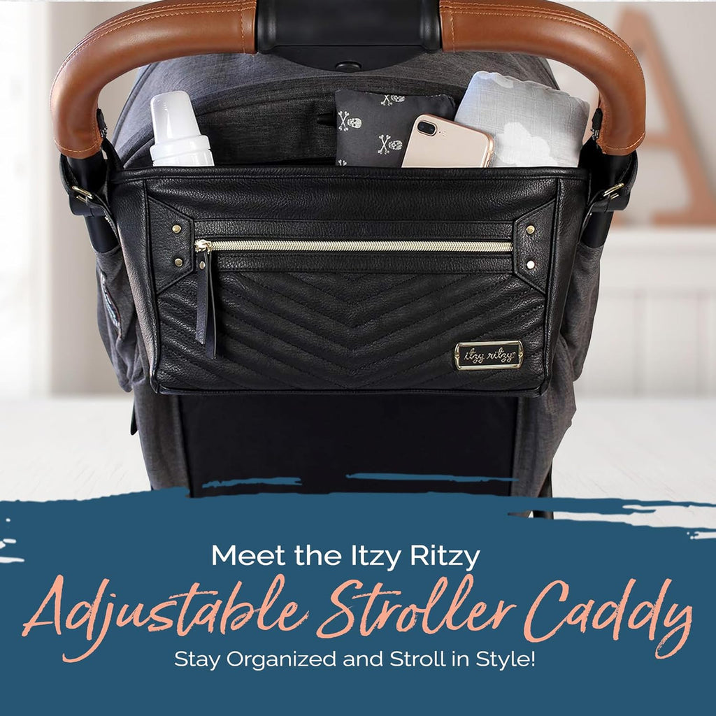 Adjustable Stroller Caddy / Organizer - Stroller Organizer Bag Featuring Front Zippered Pocket, 2 Built-In Interior Pockets & Straps to Fit Nearly Any Model (Black with Gold Hardware)