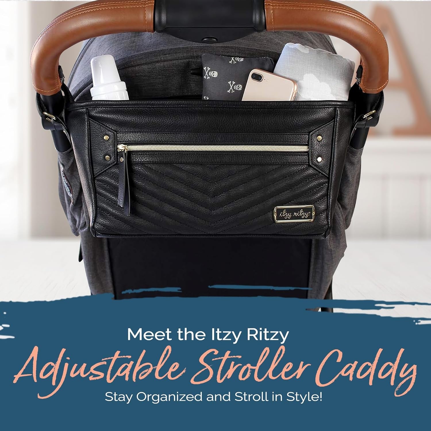 Adjustable Stroller Caddy / Organizer - Stroller Organizer Bag Featuring Front Zippered Pocket, 2 Built-In Interior Pockets & Straps to Fit Nearly Any Model (Black with Gold Hardware)