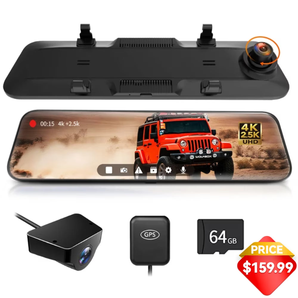 12" Rear View Mirror Dash Cam, 4K Mirror Dash Cam Front and 2.5K Rear Camera, Rearview Dash Camera for Car with WDR, Night Vision, Free 64GB Card & GPS