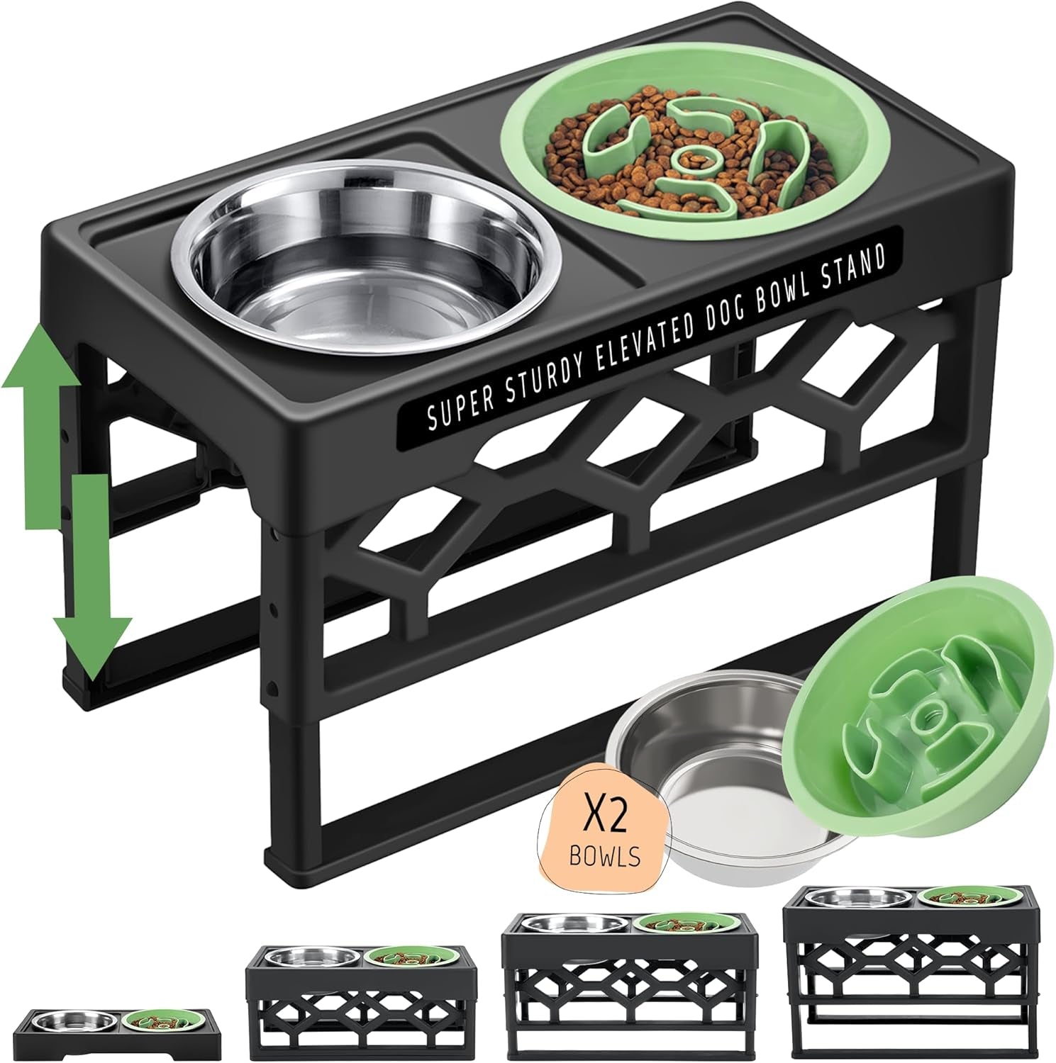 Large Dog Bowls Elevated, 4 Height Adjustable Raised Dog Bowl Stand with 2 Stainless Steel Food and Water Bowls Set, Tall Dogs Feeding Station with Anti-Slip Base for Medium Large Breeds Dogs