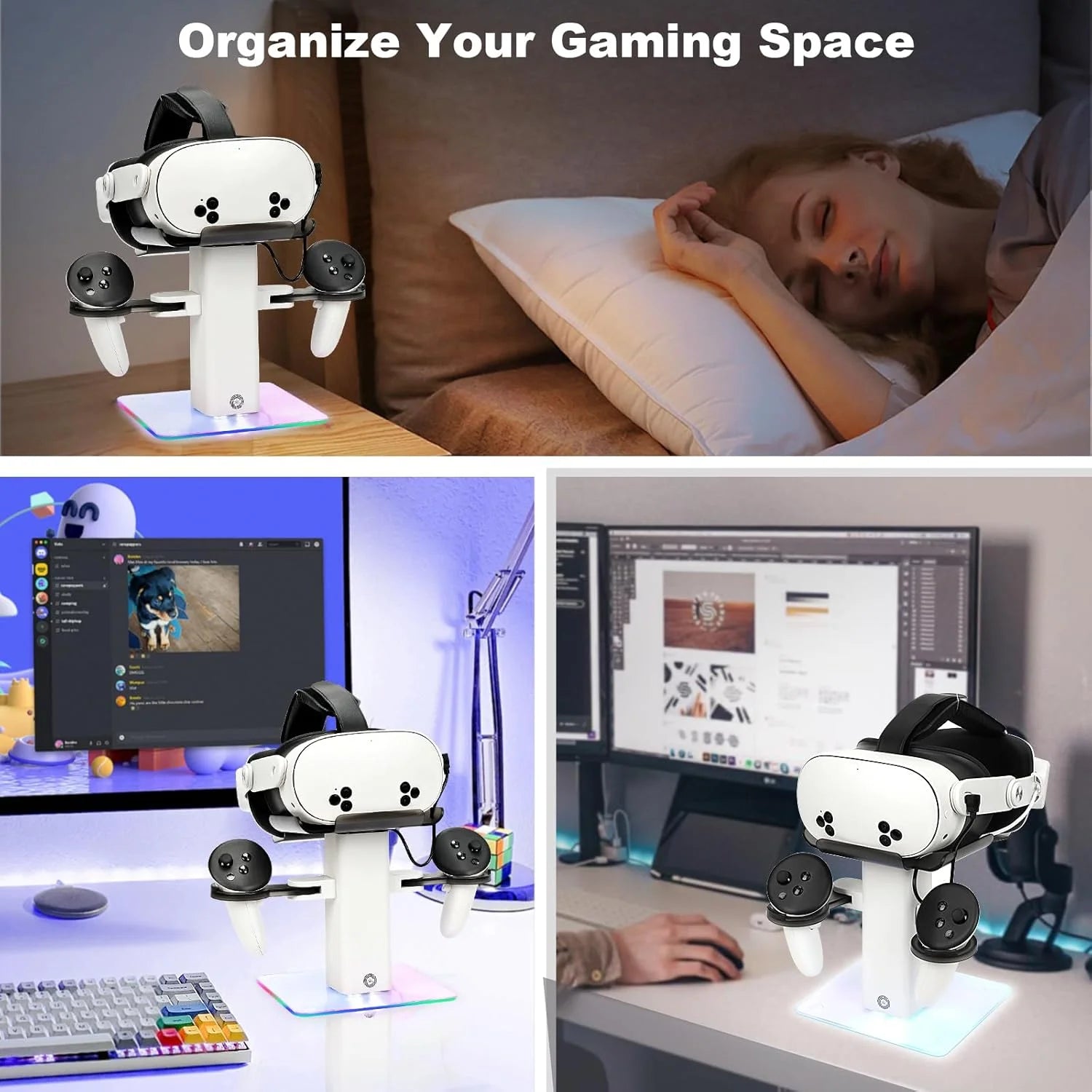 VR Stand Headset Charging Dock for Quest 3S/Quest 3/Quest 2, VR Headset Display Stand and Stable Bracket Storage Base, Bottom RGB LED Light
