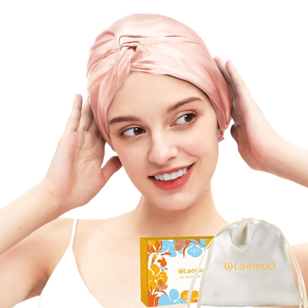 100% Mulberry Silk-Bonnet for Sleeping Women/Men for Curly/Thin/Short/Medium/Braids Hair, Real Silk Wrap Bonnet for Sleeping, Silk Sleep Night Cap for Hair Care, Light Pink
