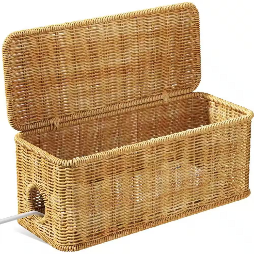 Cable Management Box, 2 0.51 Ft. Open Slots Cord Organizer Hider Box with Handwoven (Light Brown)