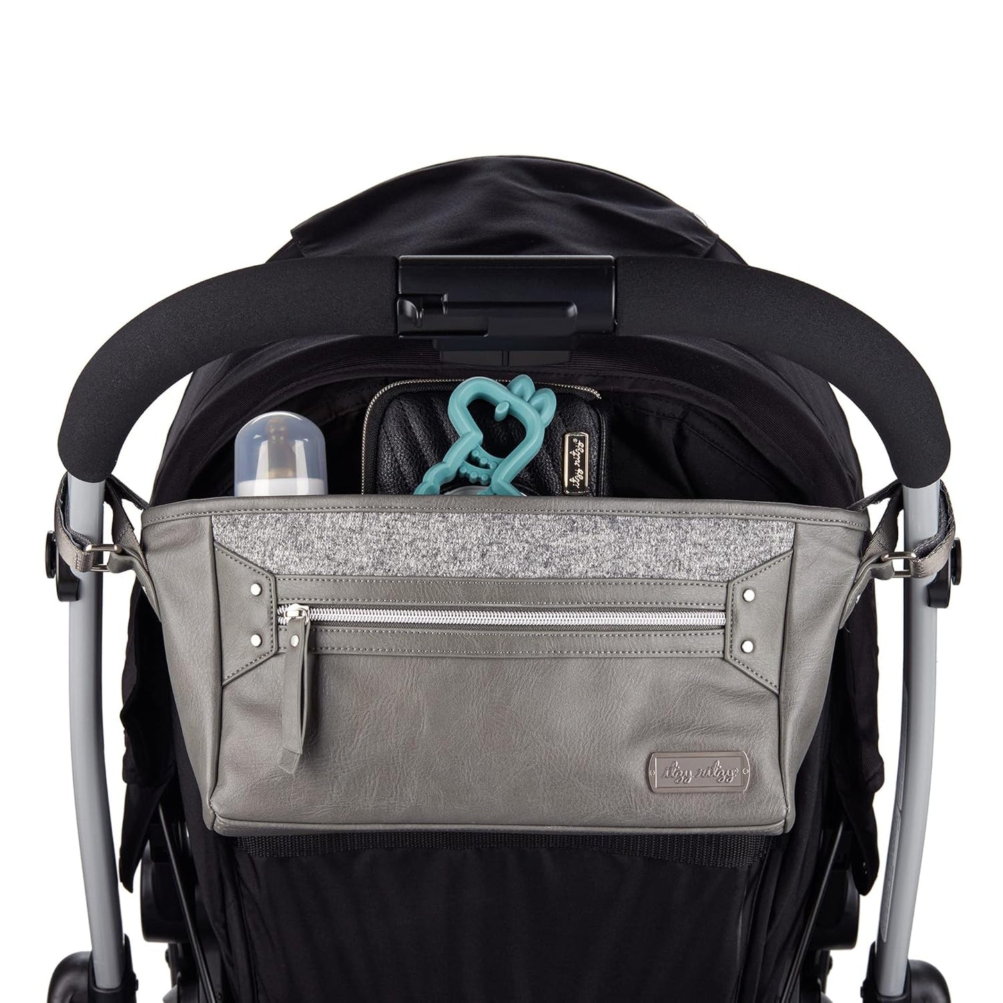 Adjustable Stroller Caddy / Organizer - Stroller Organizer Bag Featuring Front Zippered Pocket, 2 Built-In Interior Pockets & Straps to Fit Nearly Any Model (Black with Gold Hardware)