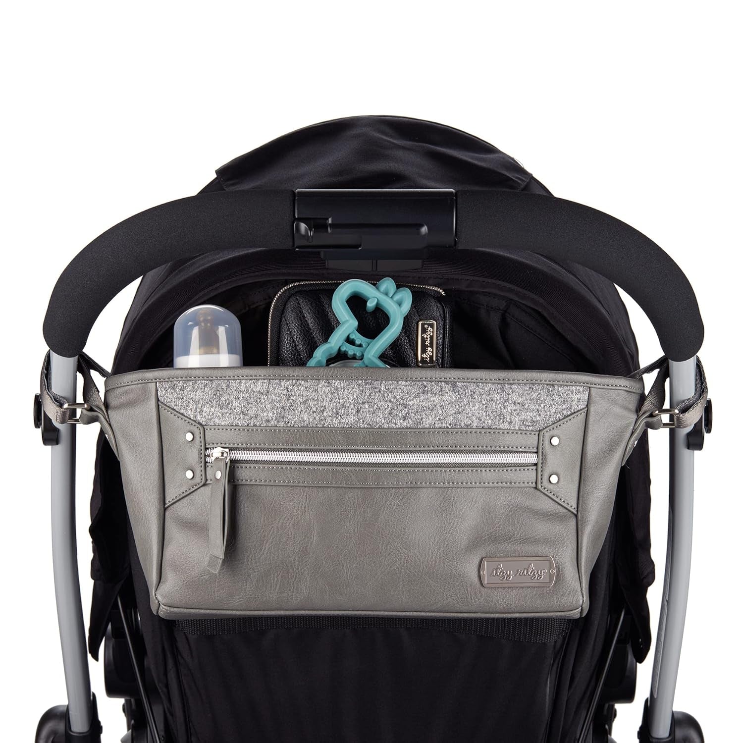Adjustable Stroller Caddy / Organizer - Stroller Organizer Bag Featuring Front Zippered Pocket, 2 Built-In Interior Pockets & Straps to Fit Nearly Any Model (Black with Gold Hardware)