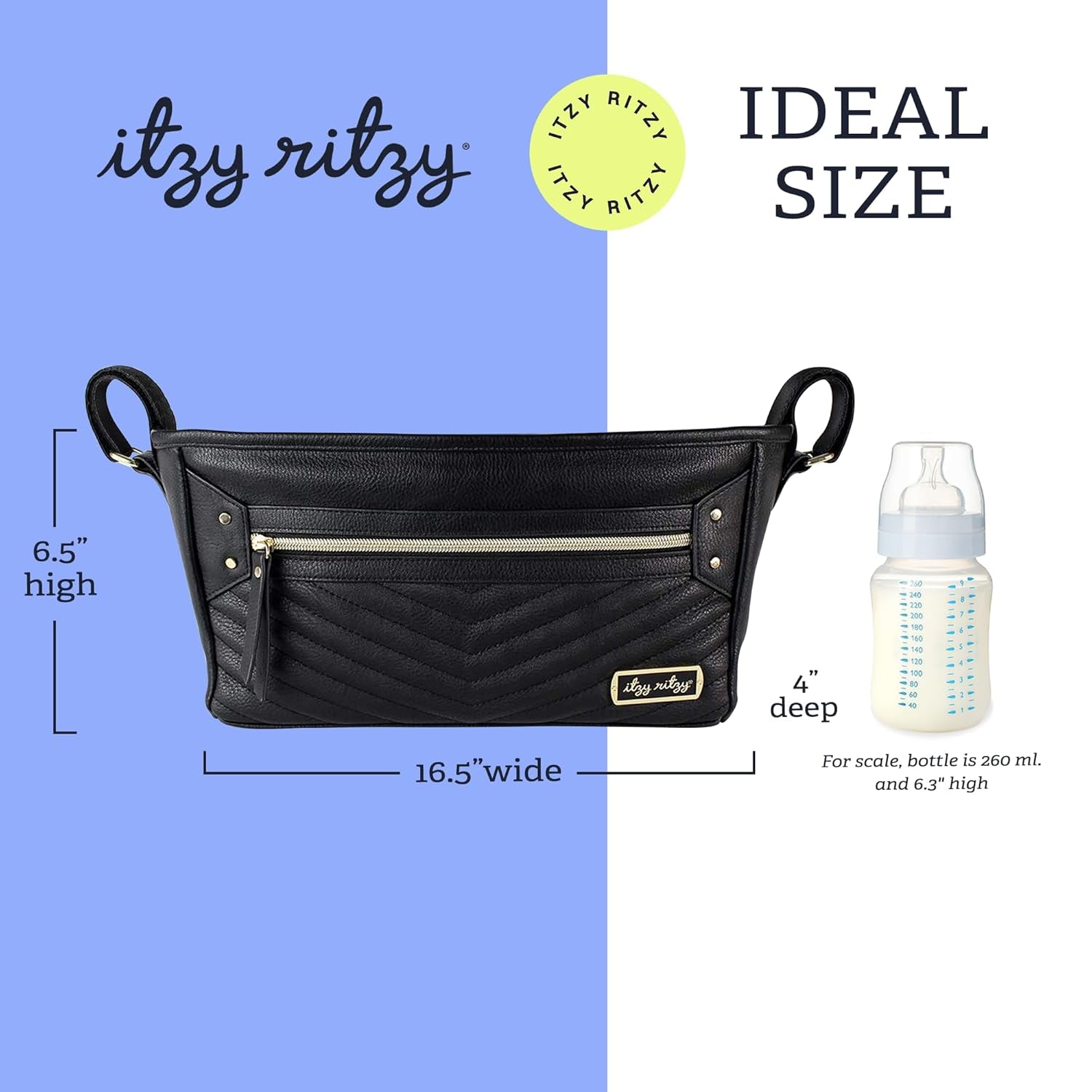 Adjustable Stroller Caddy / Organizer - Stroller Organizer Bag Featuring Front Zippered Pocket, 2 Built-In Interior Pockets & Straps to Fit Nearly Any Model (Black with Gold Hardware)