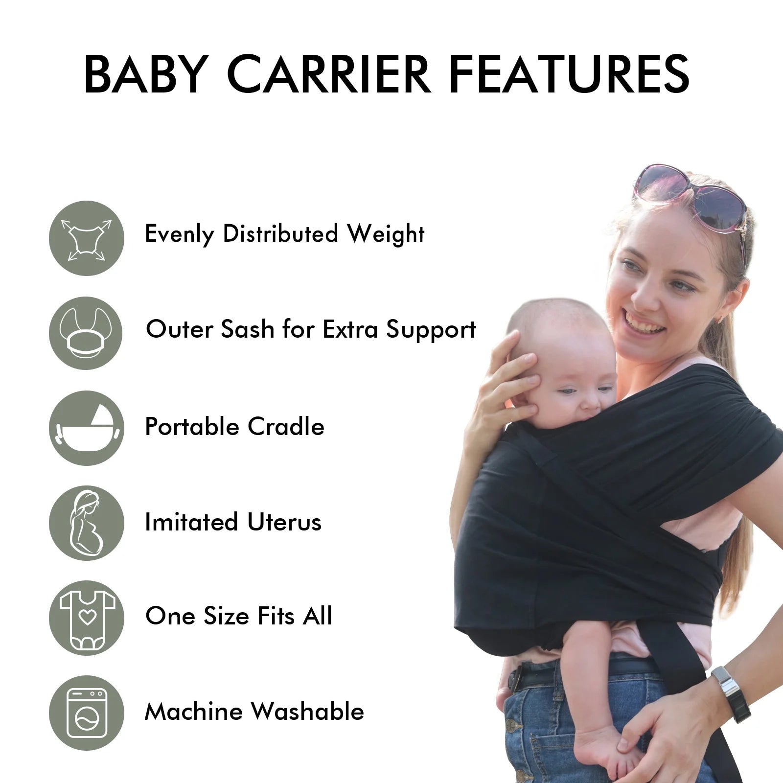 Wrap Carrier Organic Cotton Adjustable Slings ,For Newborn,Infant,Toddlers 35 Lbs,Black
