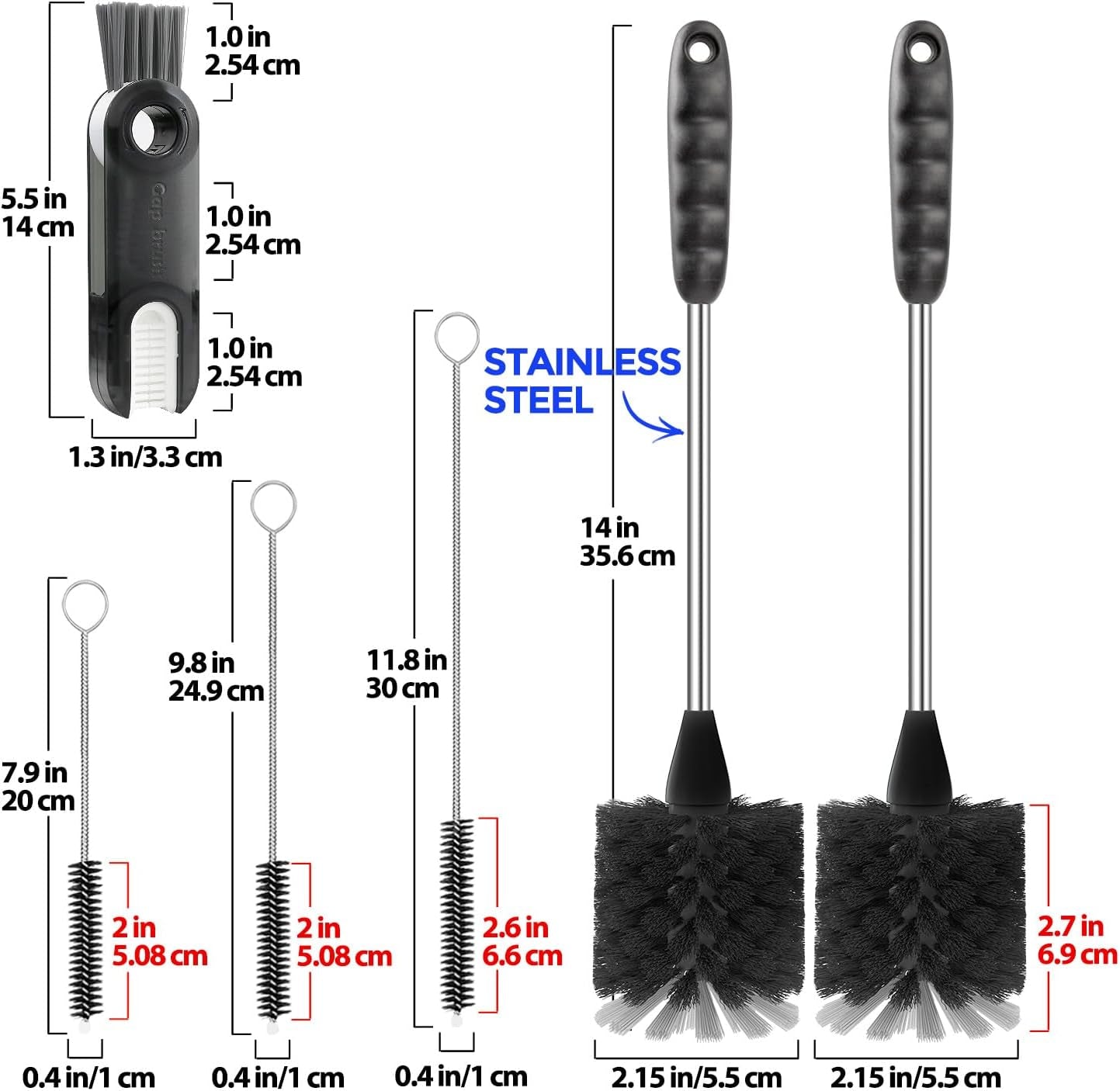 6 Pack Bottle Brush Set, 14" Long Handle Stainless Steel Bottle Cleaner Brush, 3