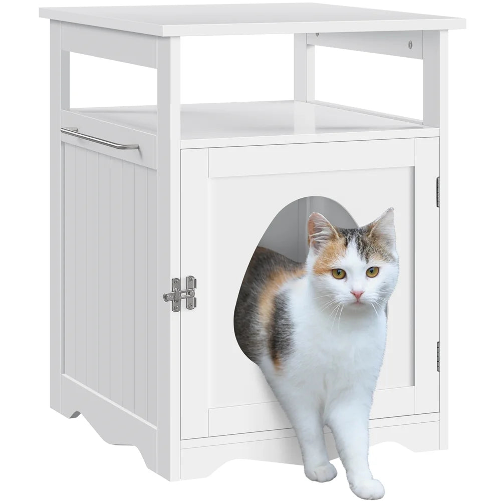 Wooden Cat Litter Box Enclosure with Open Shelf,White