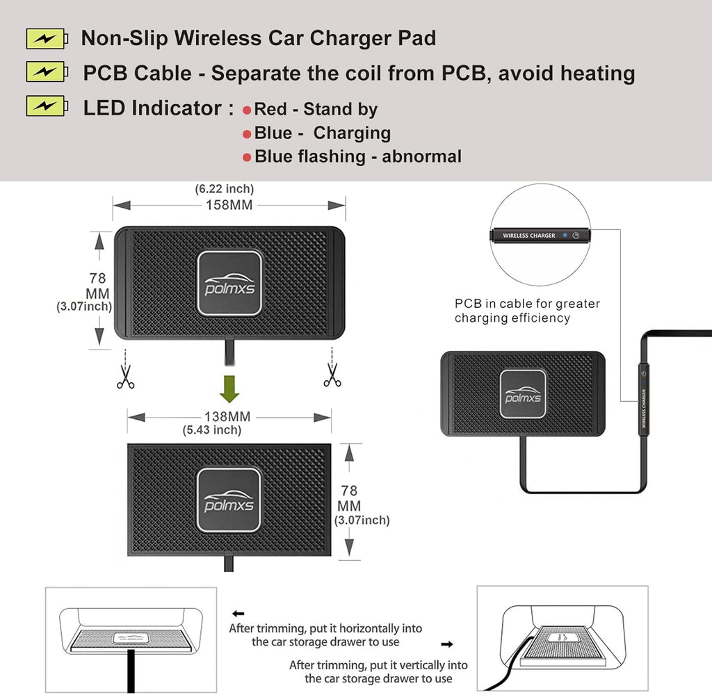 Wireless Charger Car Charging Pad 15W Fast Wireless Phone Charger Cell Phone Cordless Charging Mat
