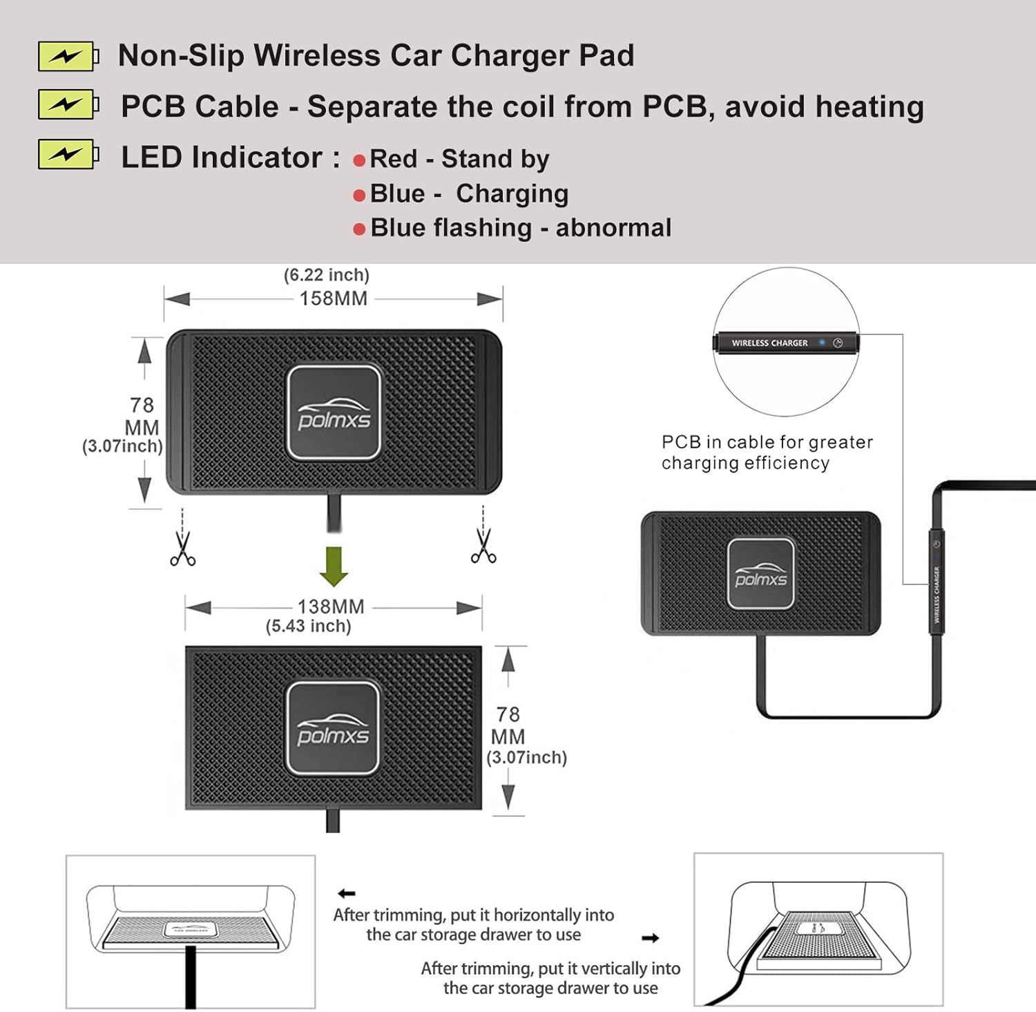 Wireless Charger Car Charging Pad 15W Fast Wireless Phone Charger Cell Phone Cordless Charging Mat