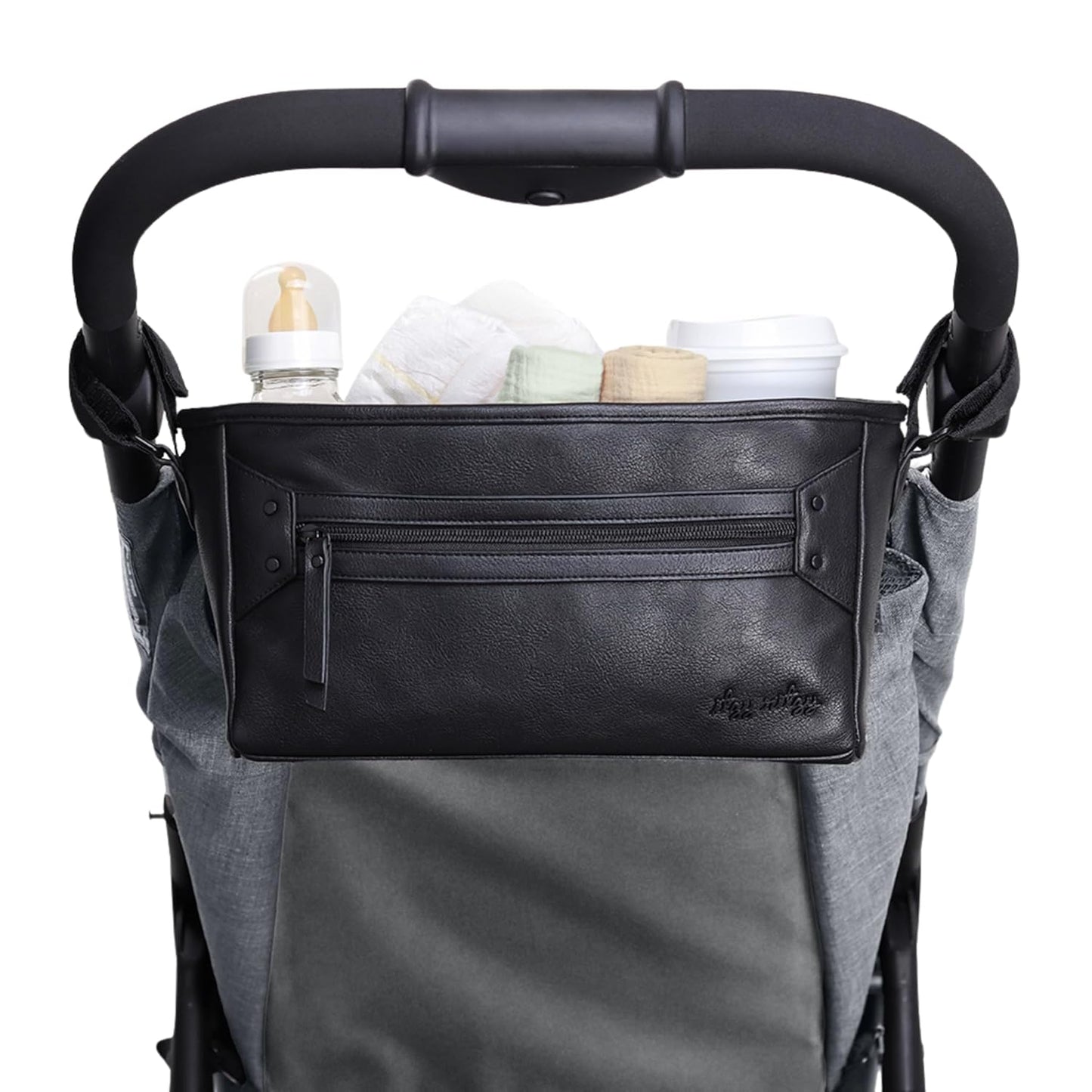 Adjustable Stroller Caddy / Organizer - Stroller Organizer Bag Featuring Front Zippered Pocket, 2 Built-In Interior Pockets & Straps to Fit Nearly Any Model (Black with Gold Hardware)
