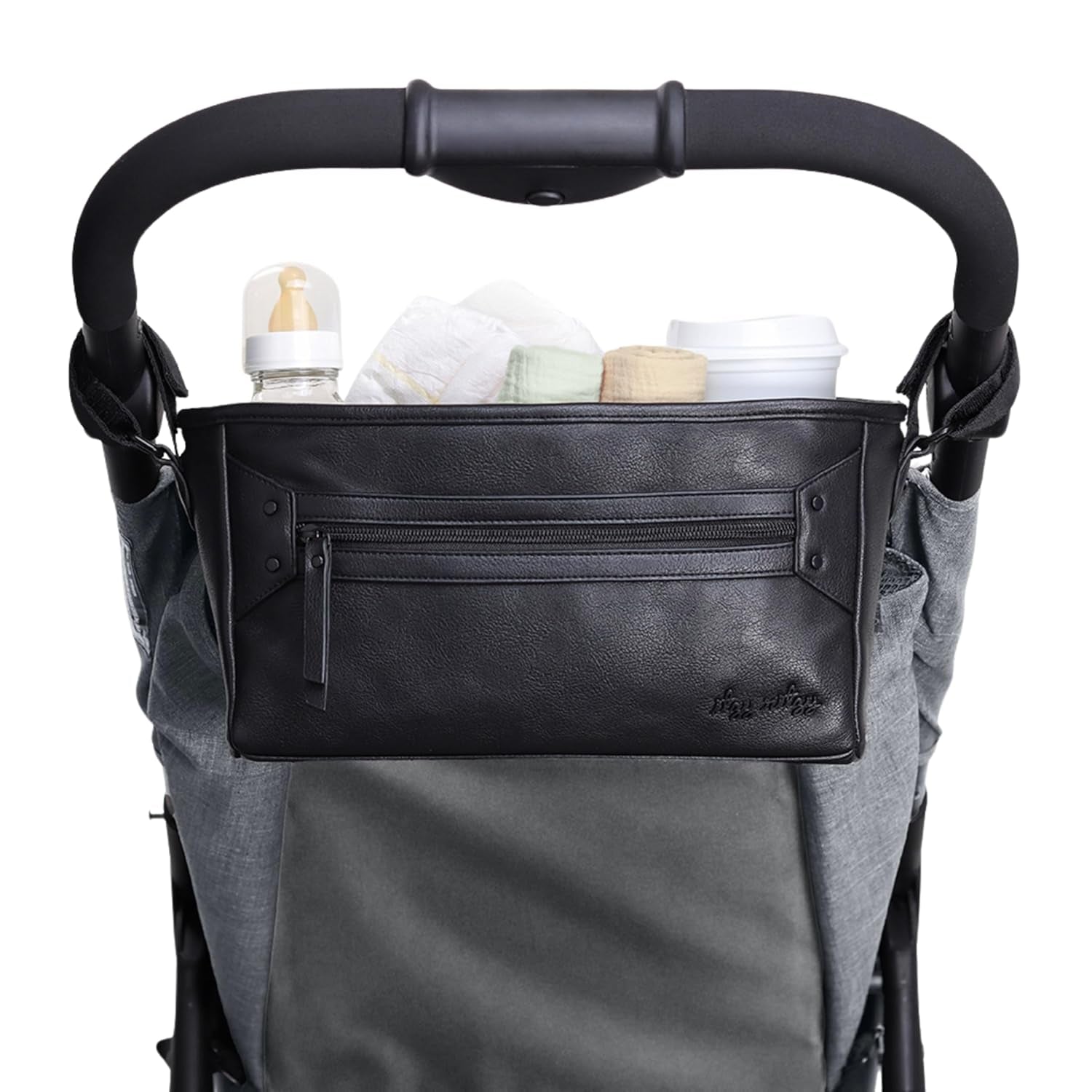 Adjustable Stroller Caddy / Organizer - Stroller Organizer Bag Featuring Front Zippered Pocket, 2 Built-In Interior Pockets & Straps to Fit Nearly Any Model (Black with Gold Hardware)
